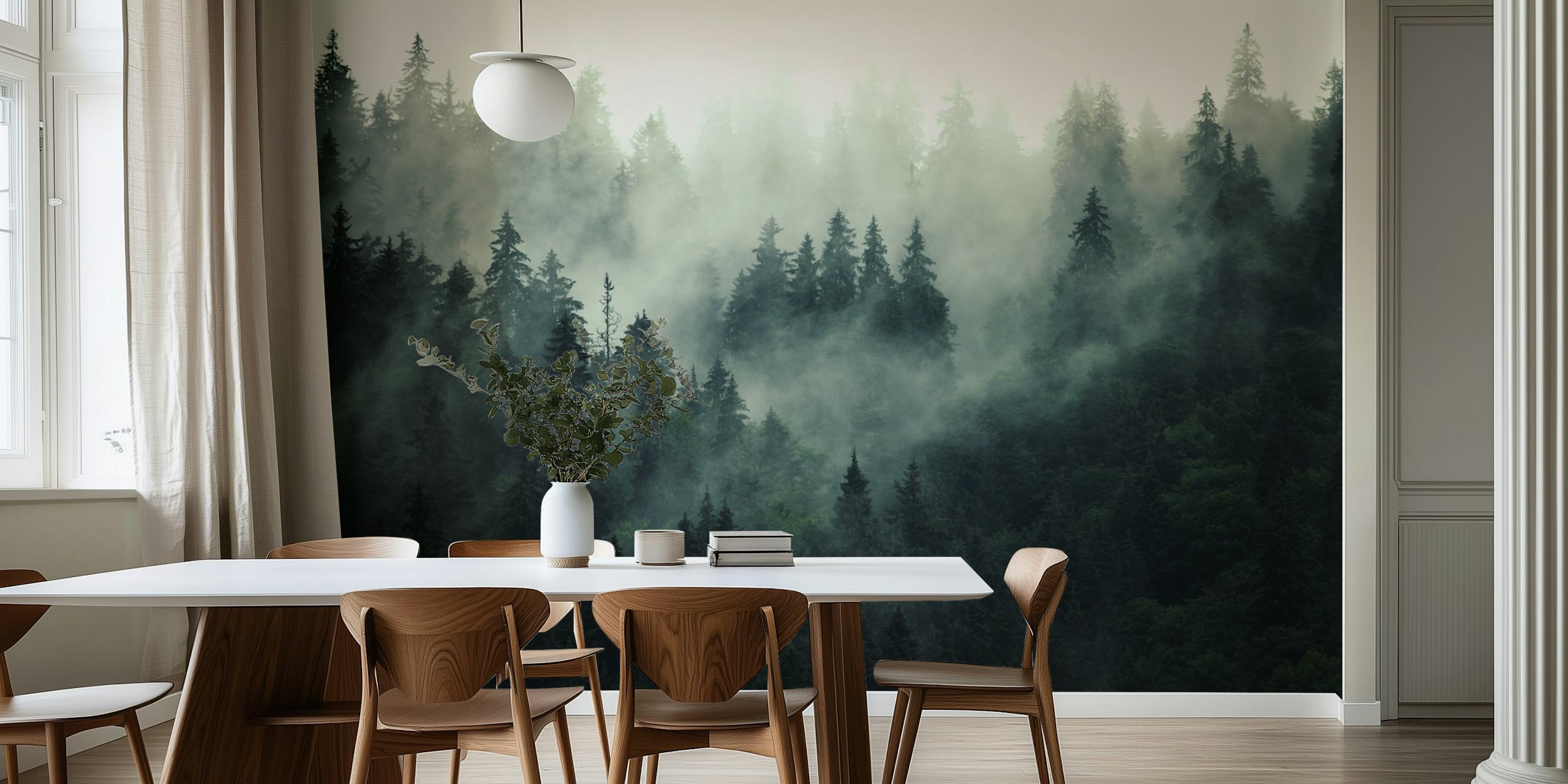 Misty forest scene with tall evergreen trees and fog wallpaper