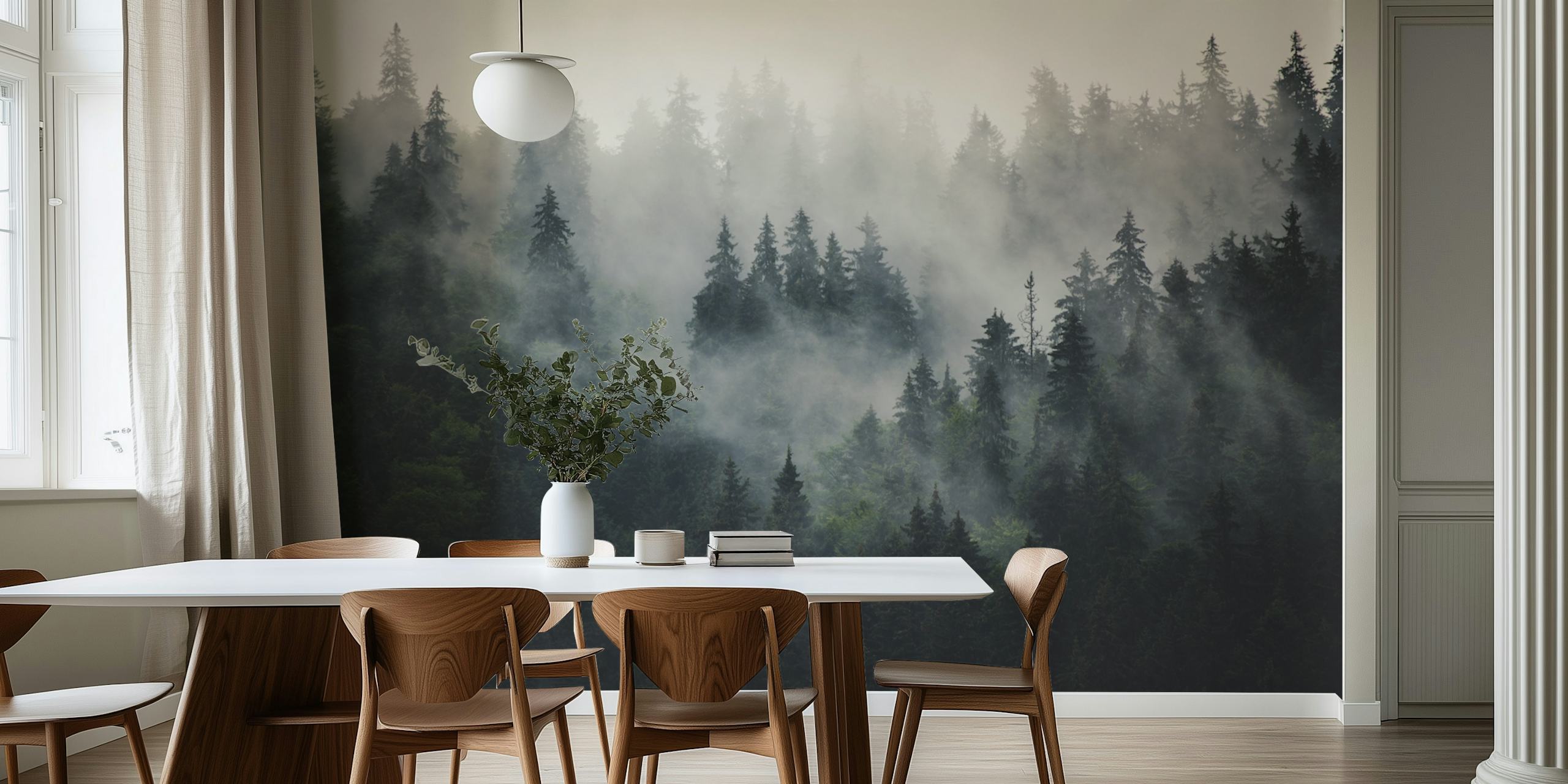 Misty forest beauty wallpaper in a room