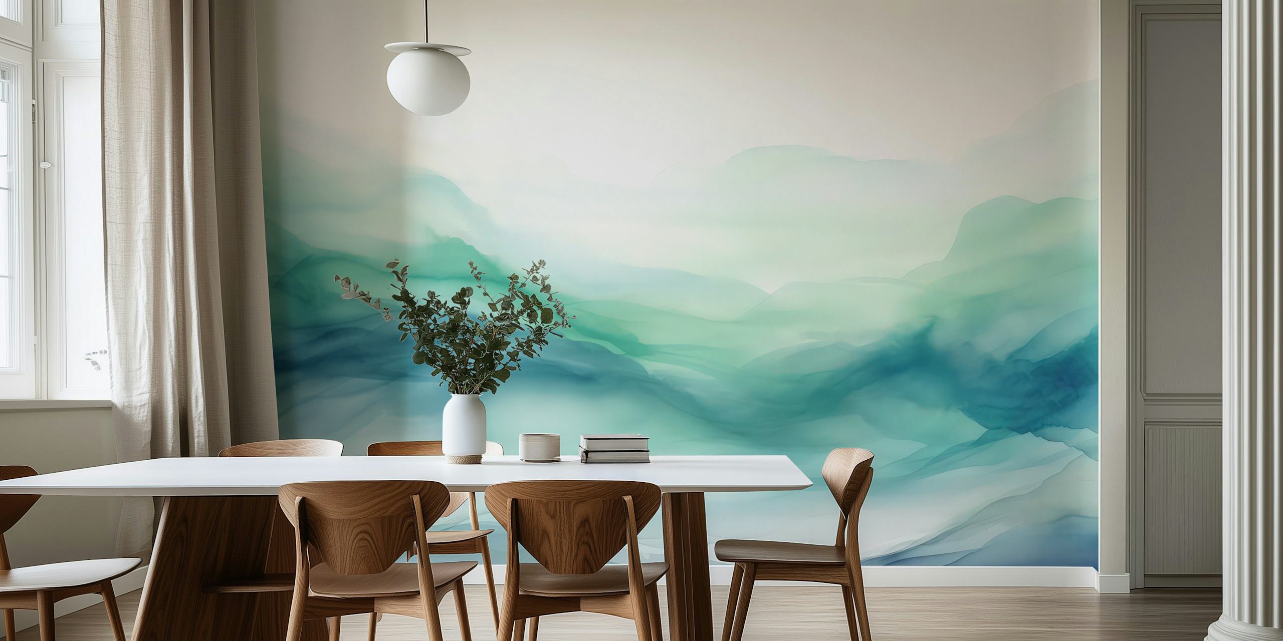 Soft blue and green layered watercolor hills wallpaper