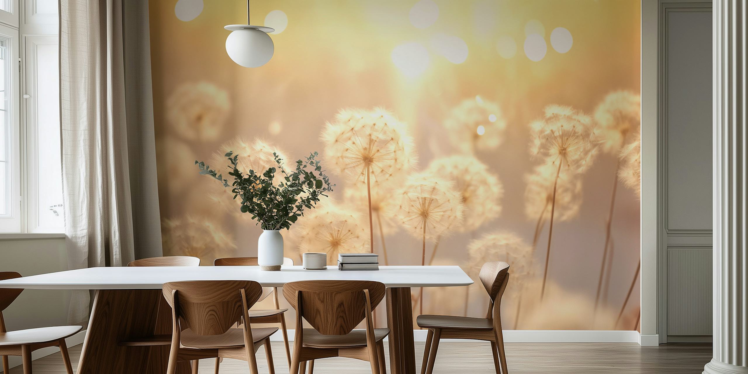 Dandelion flowers with soft beige tones and blurred background wallpaper