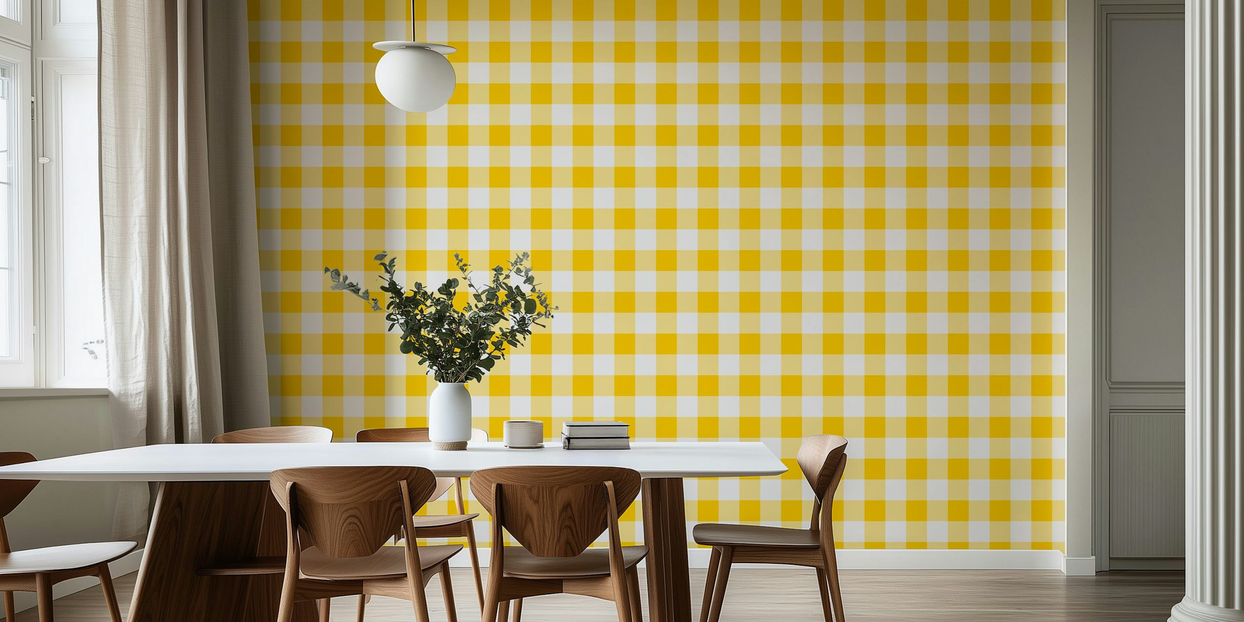 Yellow Gingham mönster tapet i rum miljö