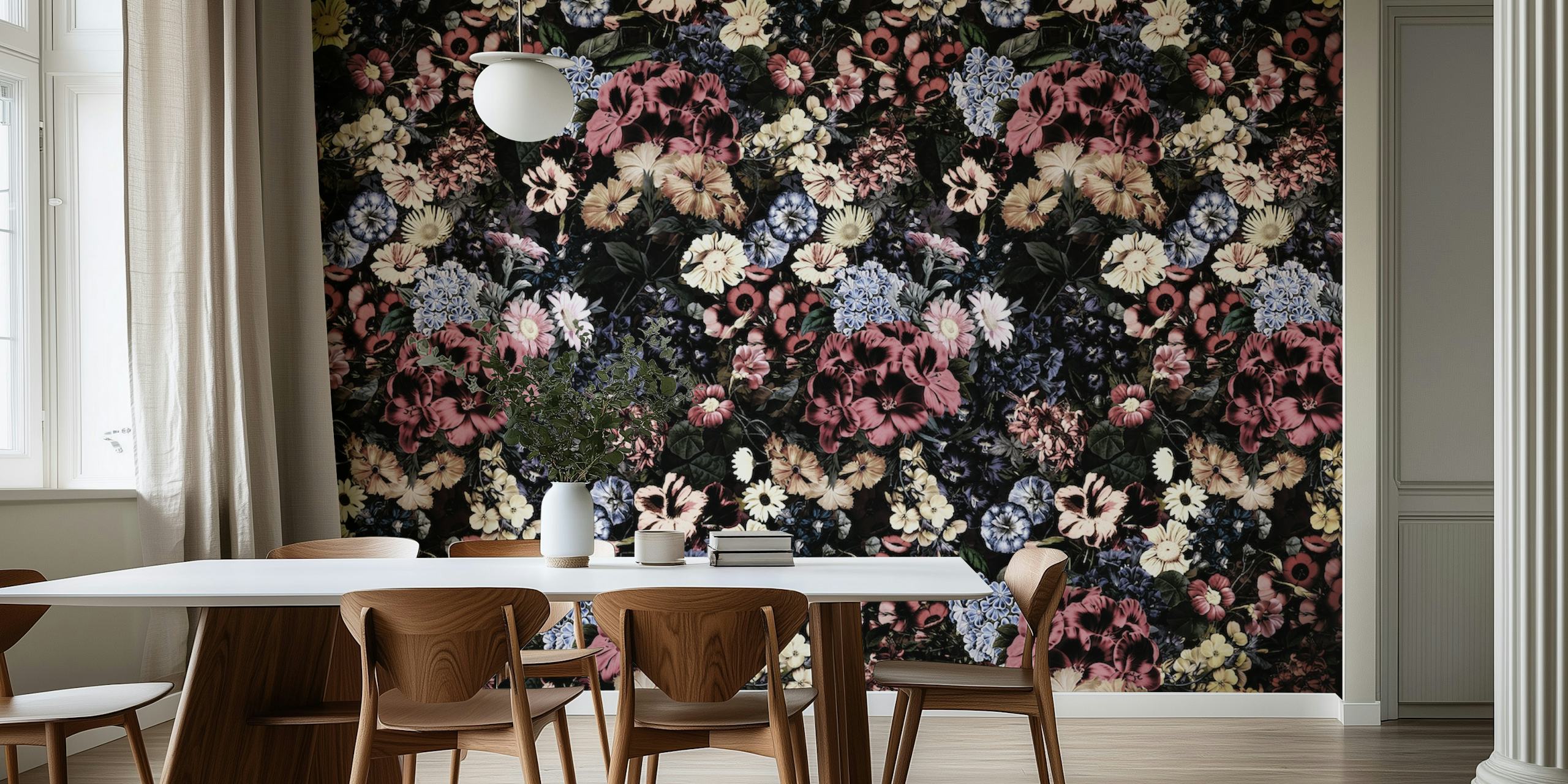 Colorful floral pattern on a dark background wallpaper