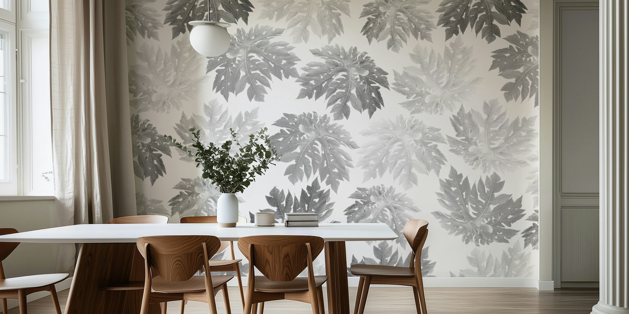 Tropical leaves pattern in shades of black and white wallpaper