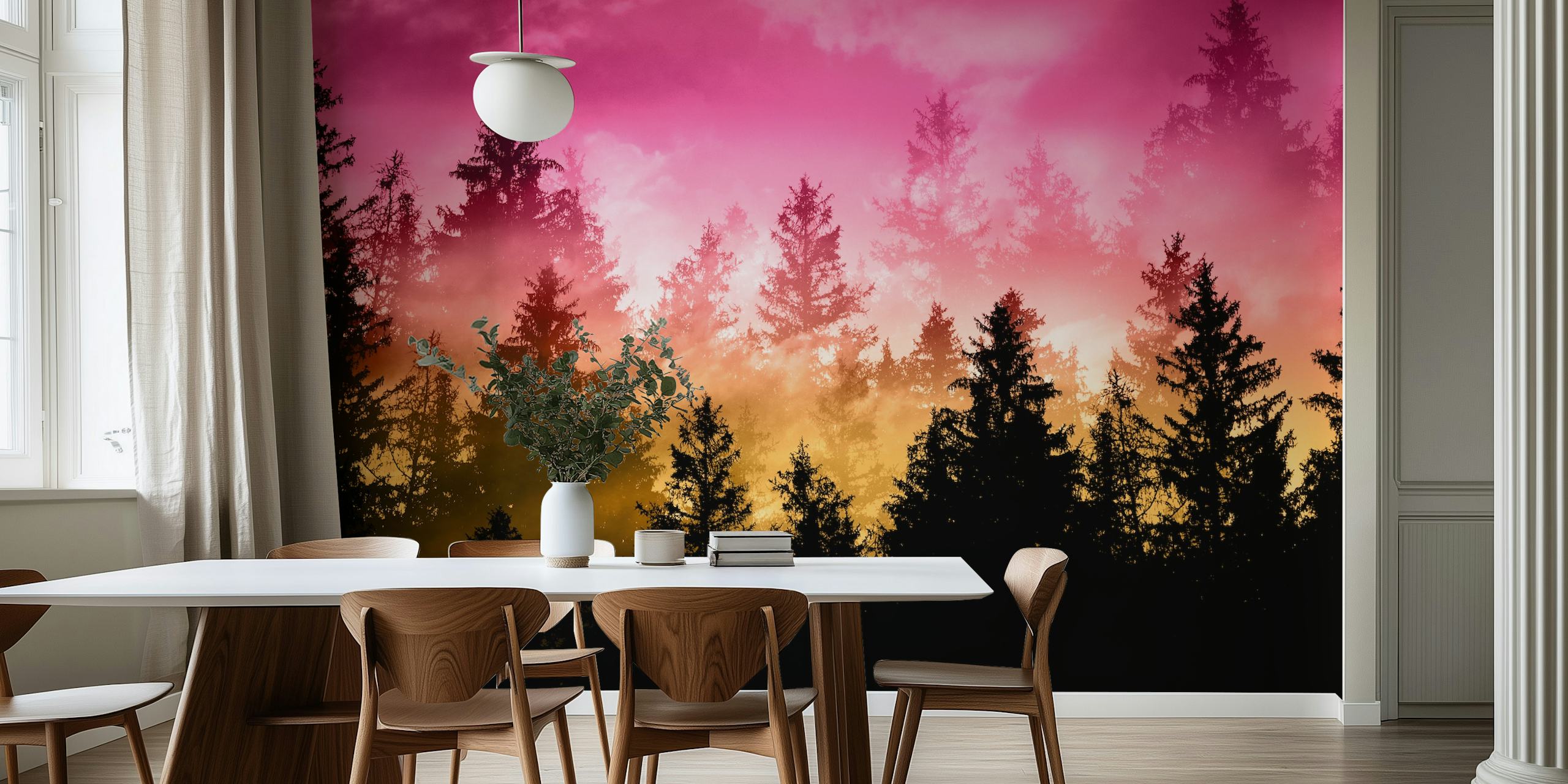Silhouetted dark trees against a pink to orange ombre sunset wallpaper