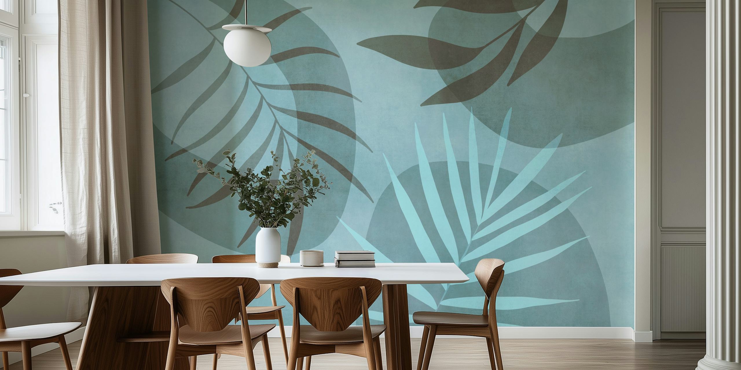 Palm Leaf Serenade Teal Mint wallpaper in a room