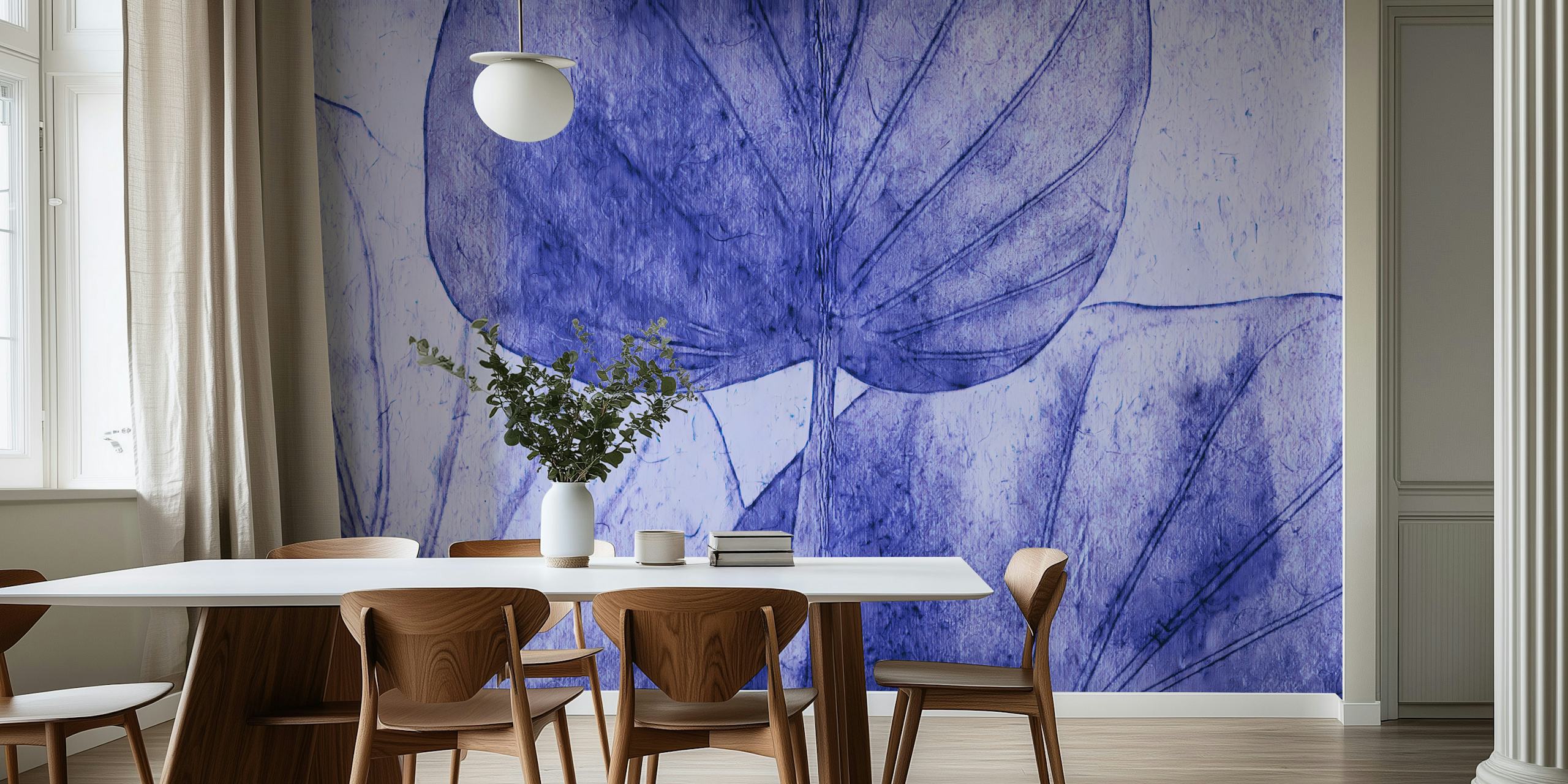 Indigo Blue Japandi Leaf wall mural with hand-drawn style leaves