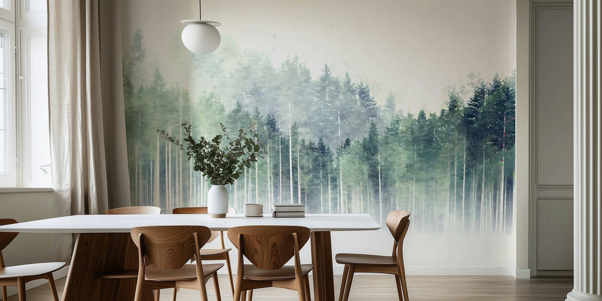Light misty pine forest with soft green hues wallpaper