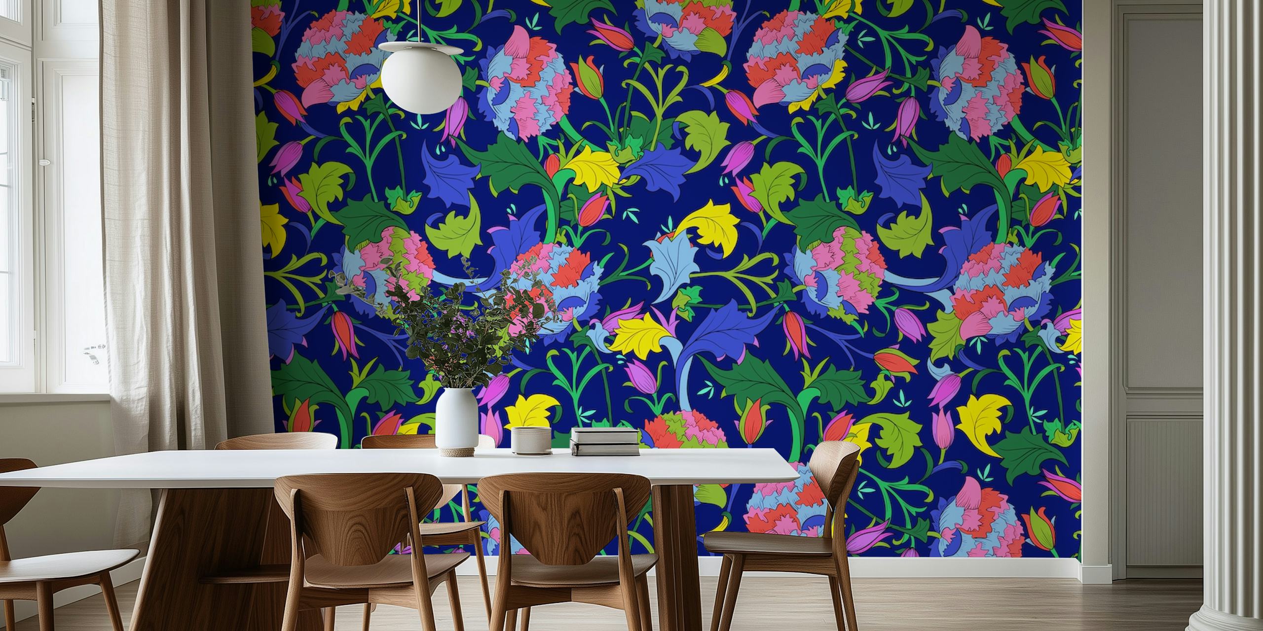 Colorful floral pattern with blue, pink, and yellow flowers on a navy background wallpaper