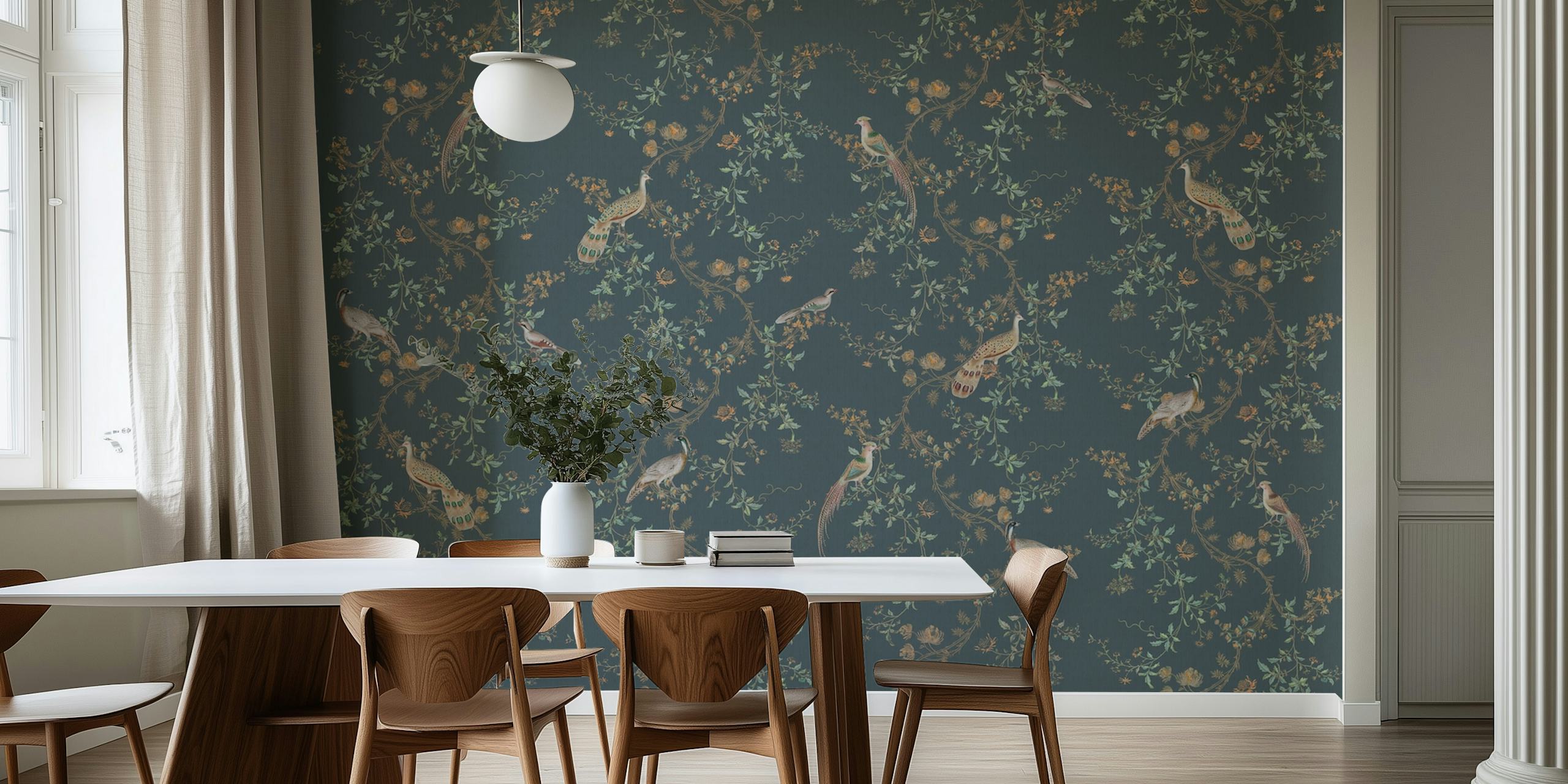 Chinoiserie birds and flowers in dark green wallpaper design