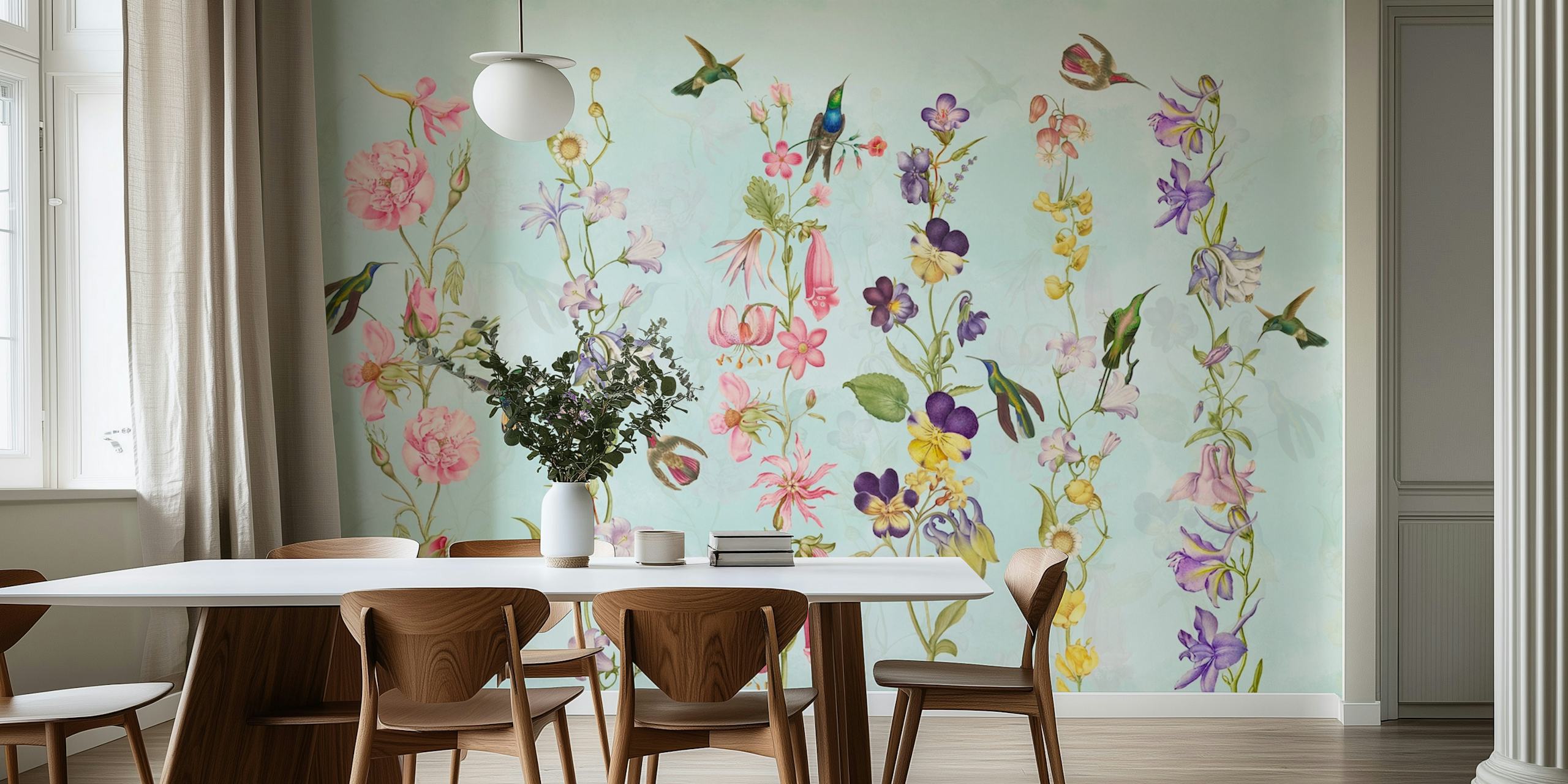 Floral wallpaper featuring pink, purple, and blue flowers with hummingbirds on a soft blue background