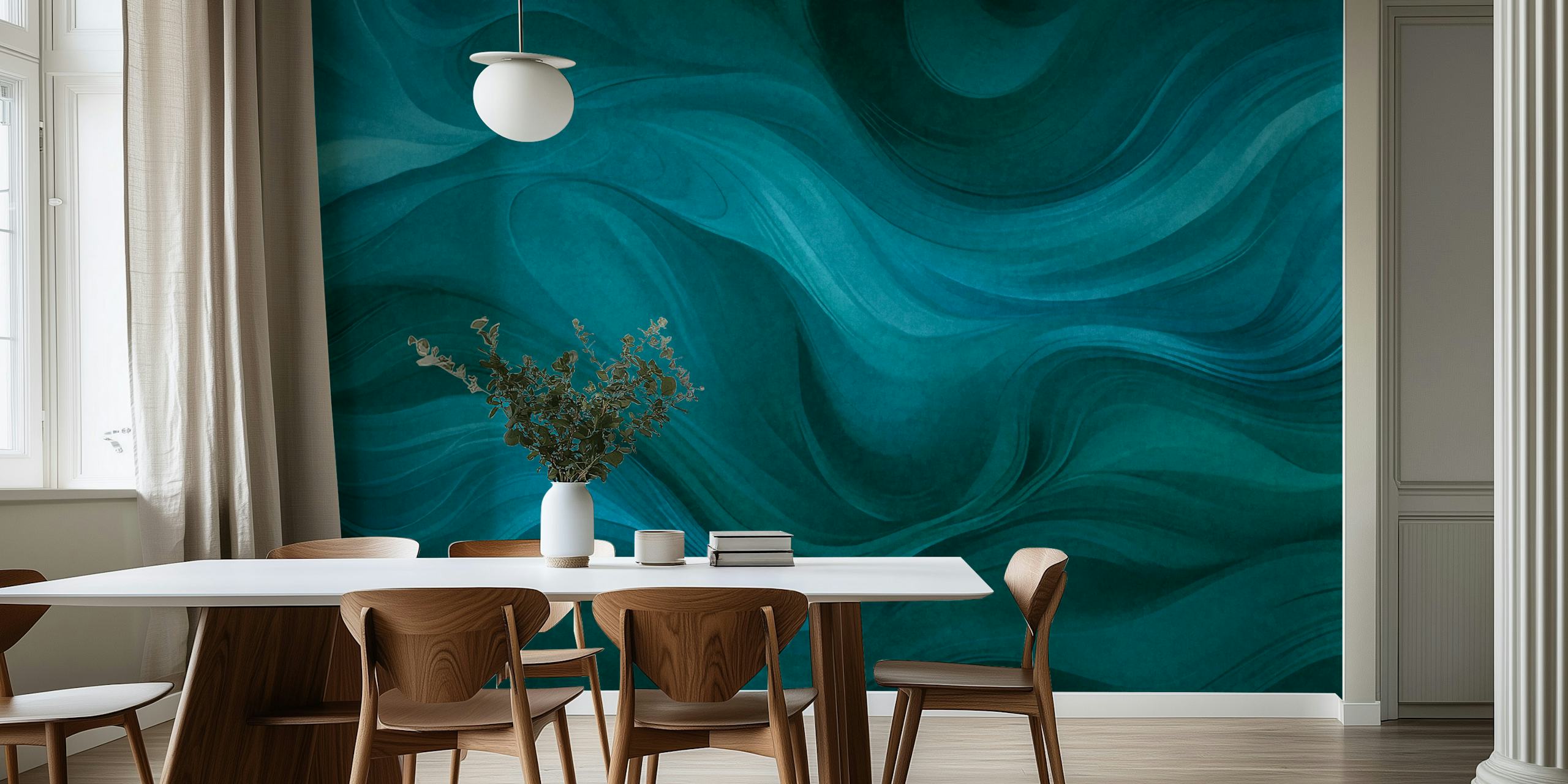 Teal abstract watercolor wallpaper with flowing waves
