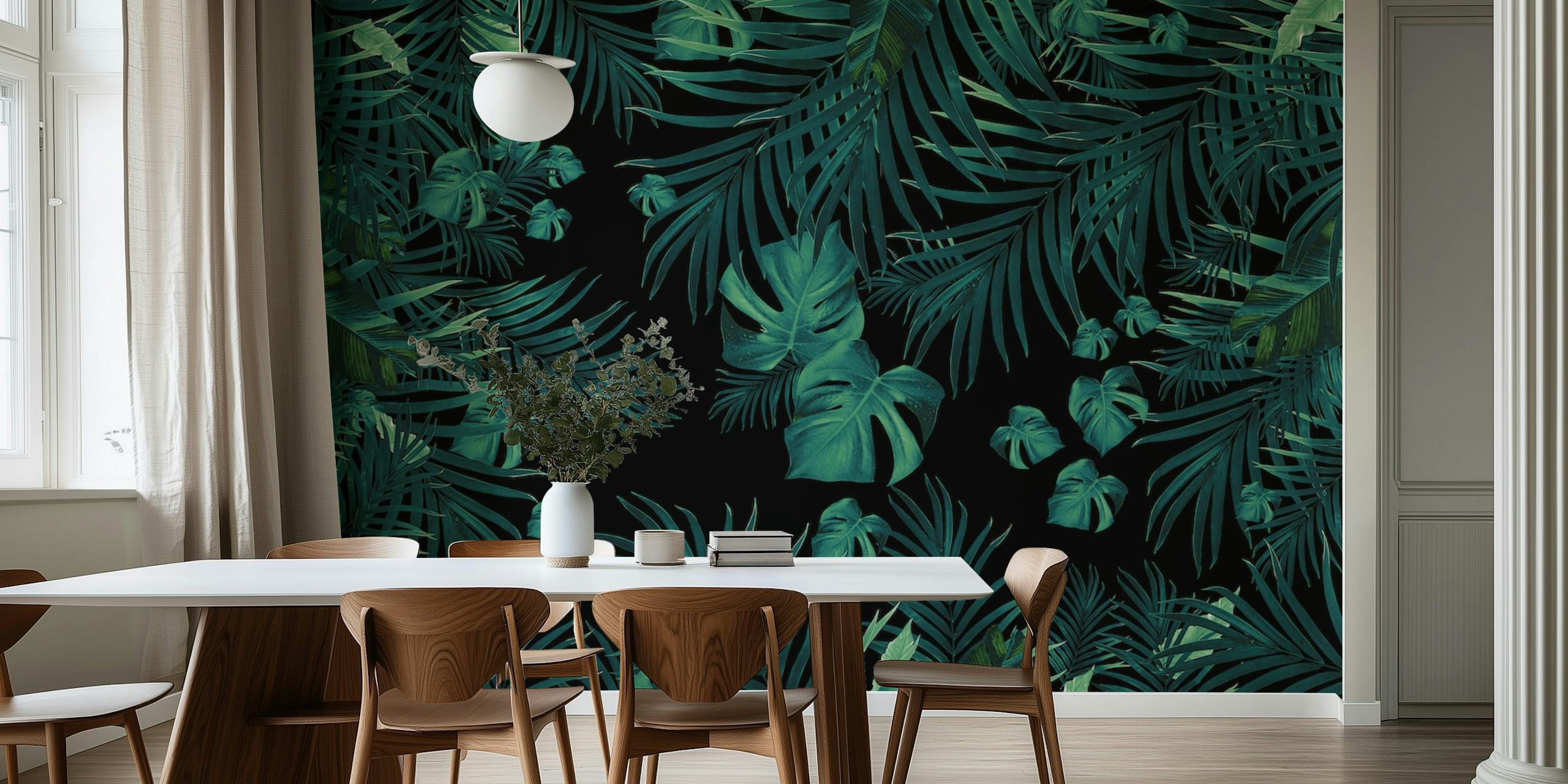 Lush tropical leaves wall mural in dark green hues for a night jungle ambience.