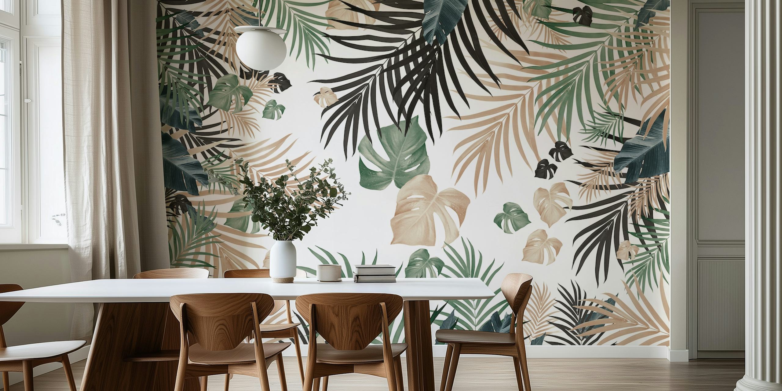 Tropical green palm leaves on a light background wallpaper