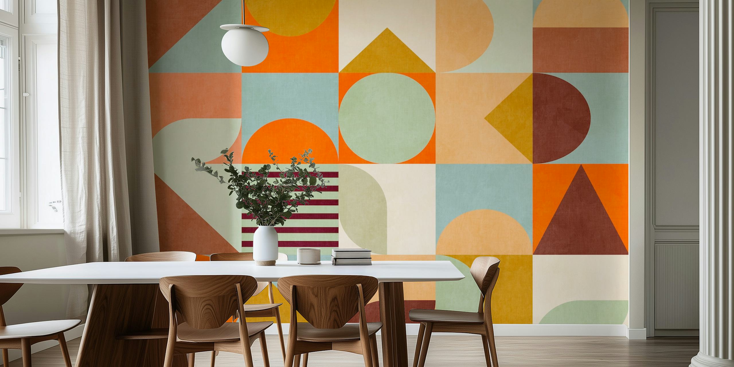 Mid-Century Modern Pastel Checkered Wall Mural with Geometric Shapes