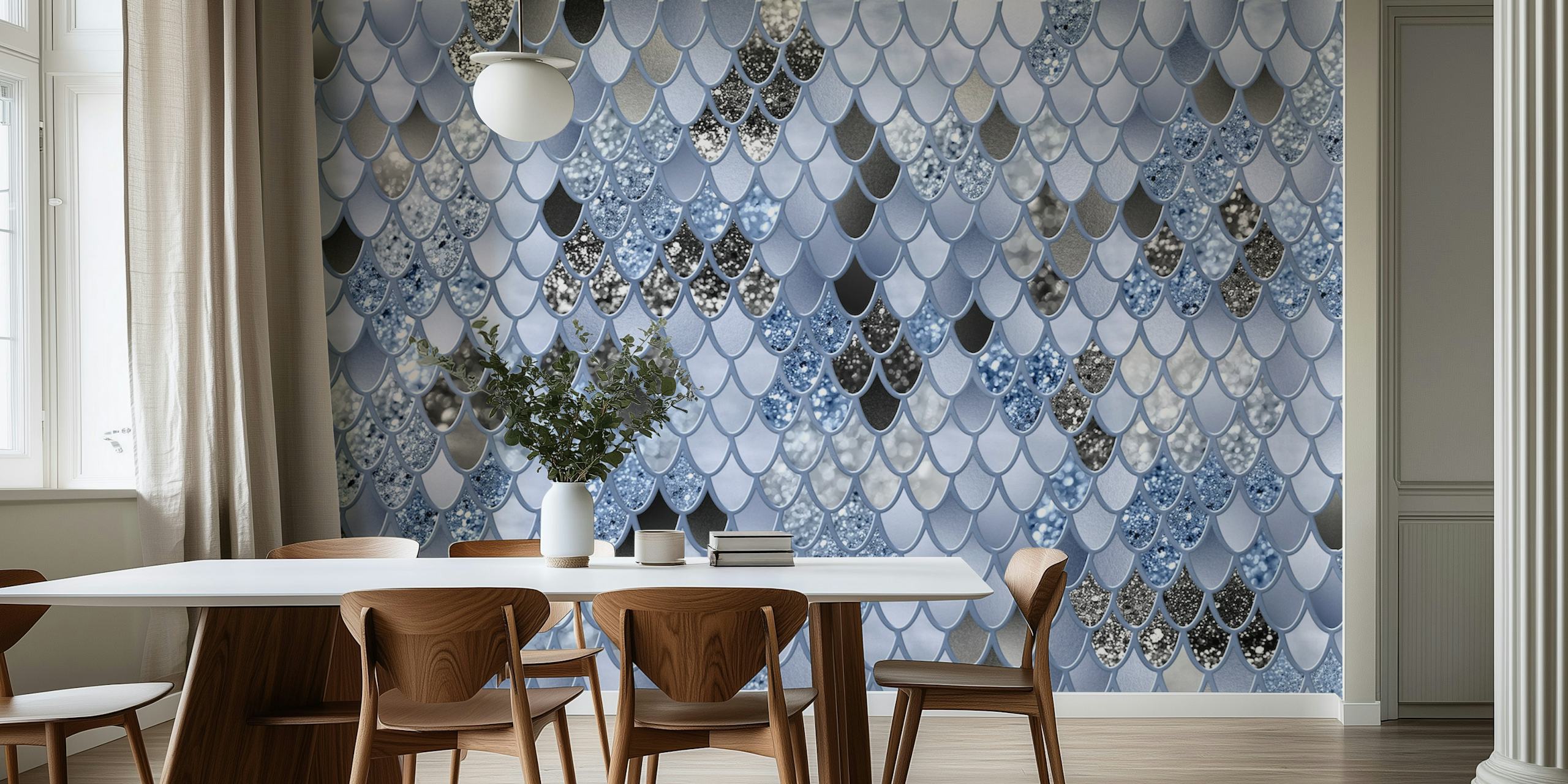Papel de parede Soft Blue Black Mermaid Scales em um quarto
