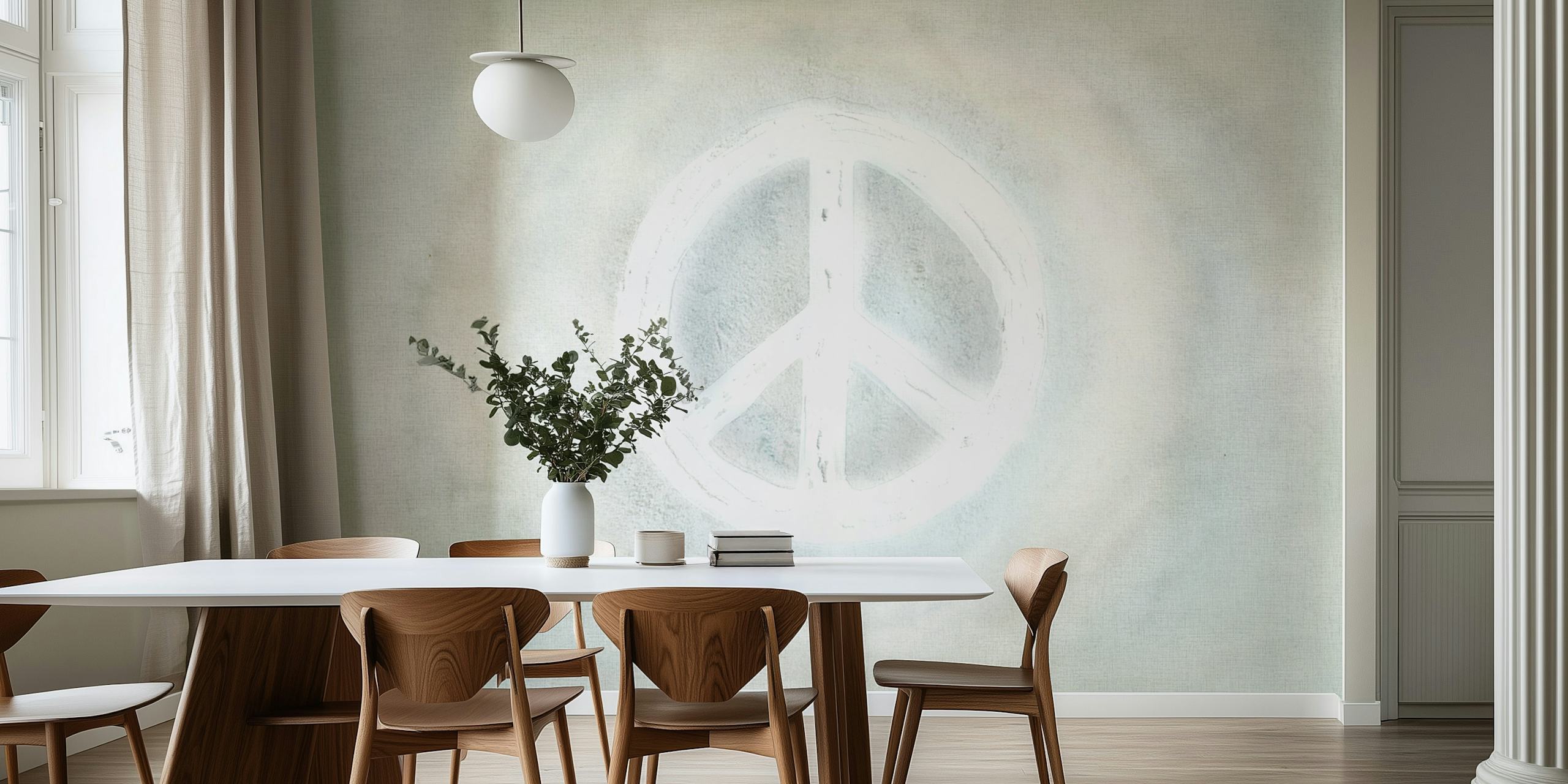 Sinal de paz em aquarela pintado em tons suaves de cinza em um mural de parede