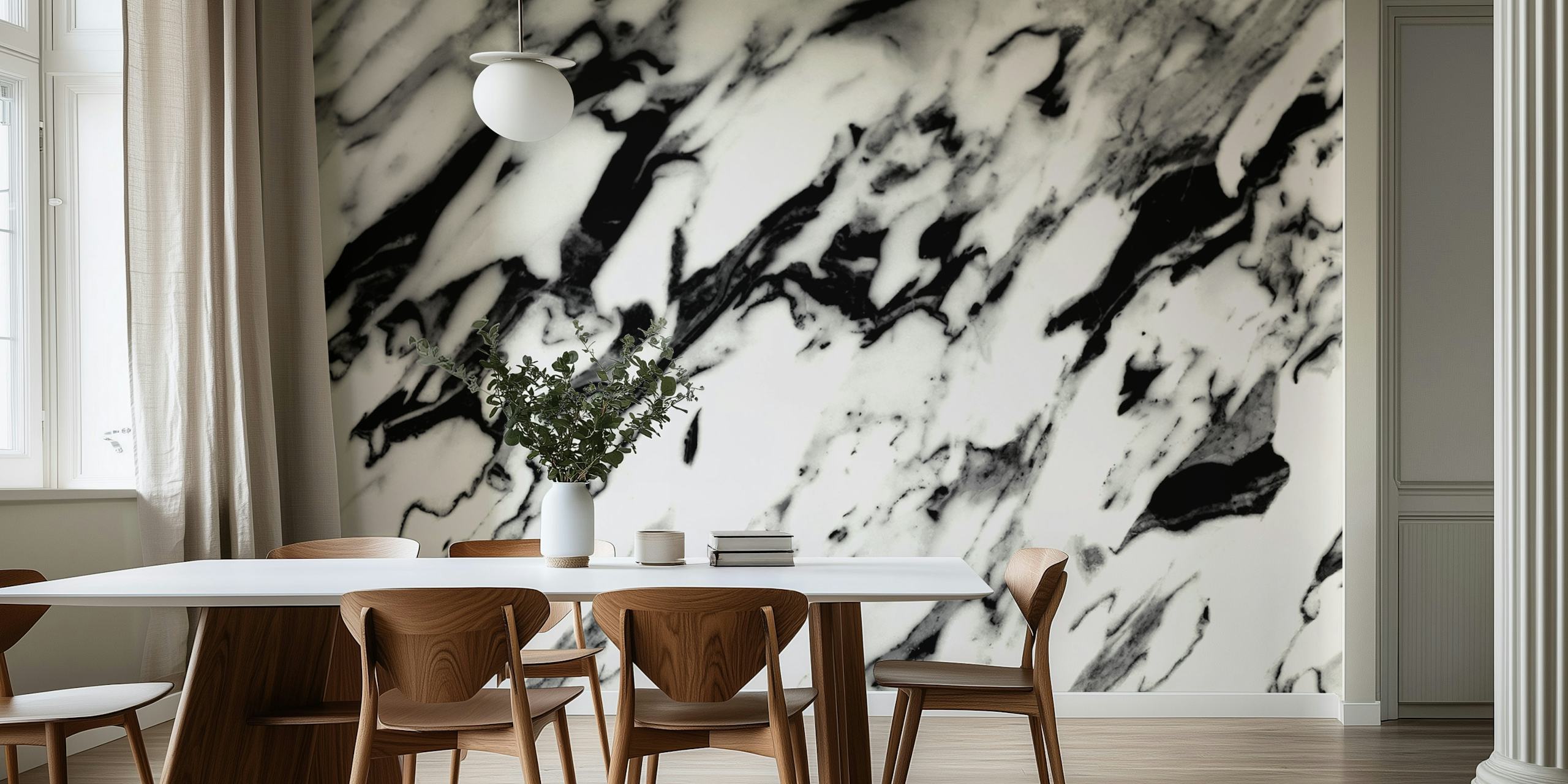 Monochrome classic white marble pattern wall mural with black veins
