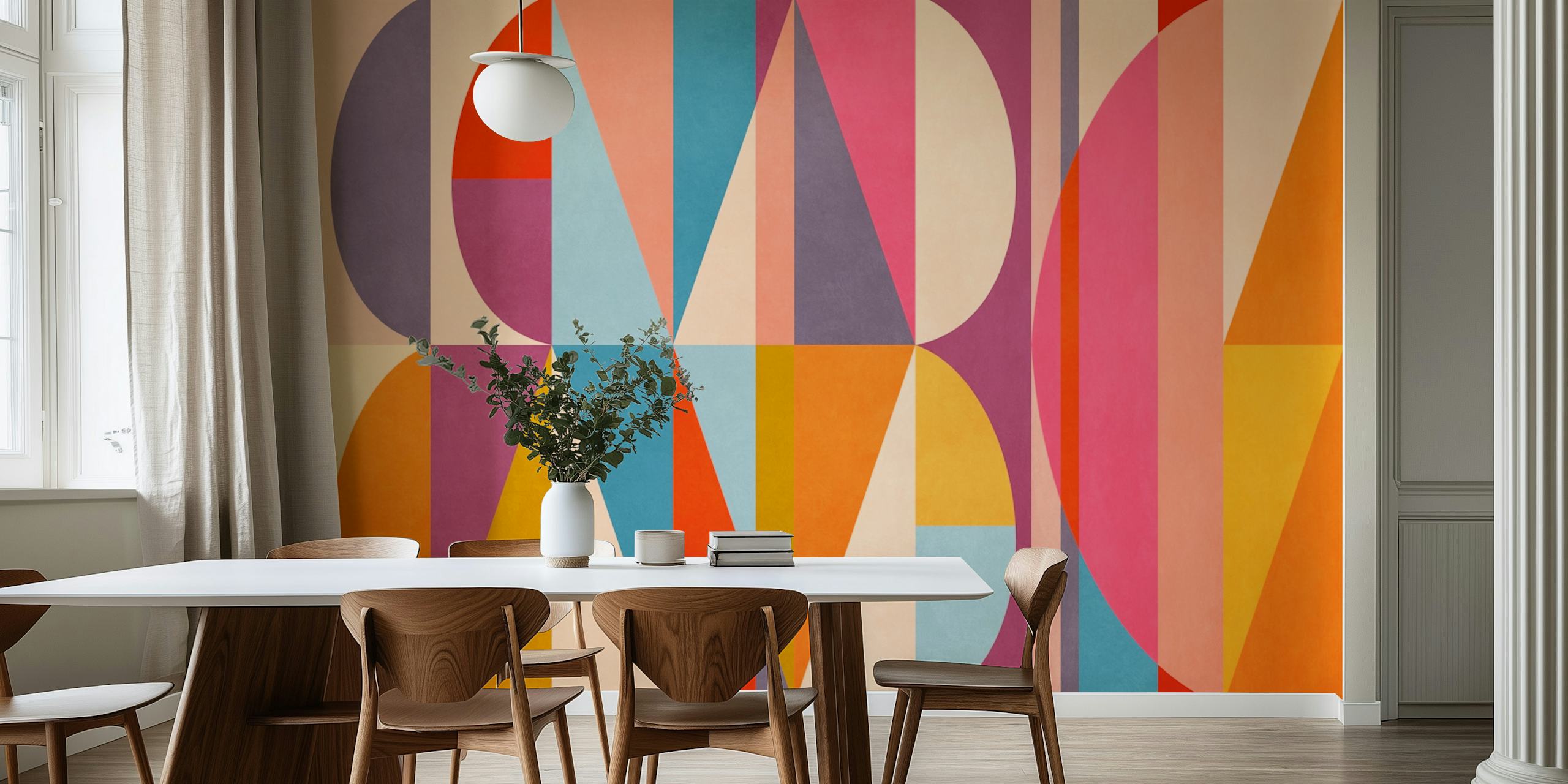 Colorful geometric shapes in pink, blue, yellow, and orange wallpaper