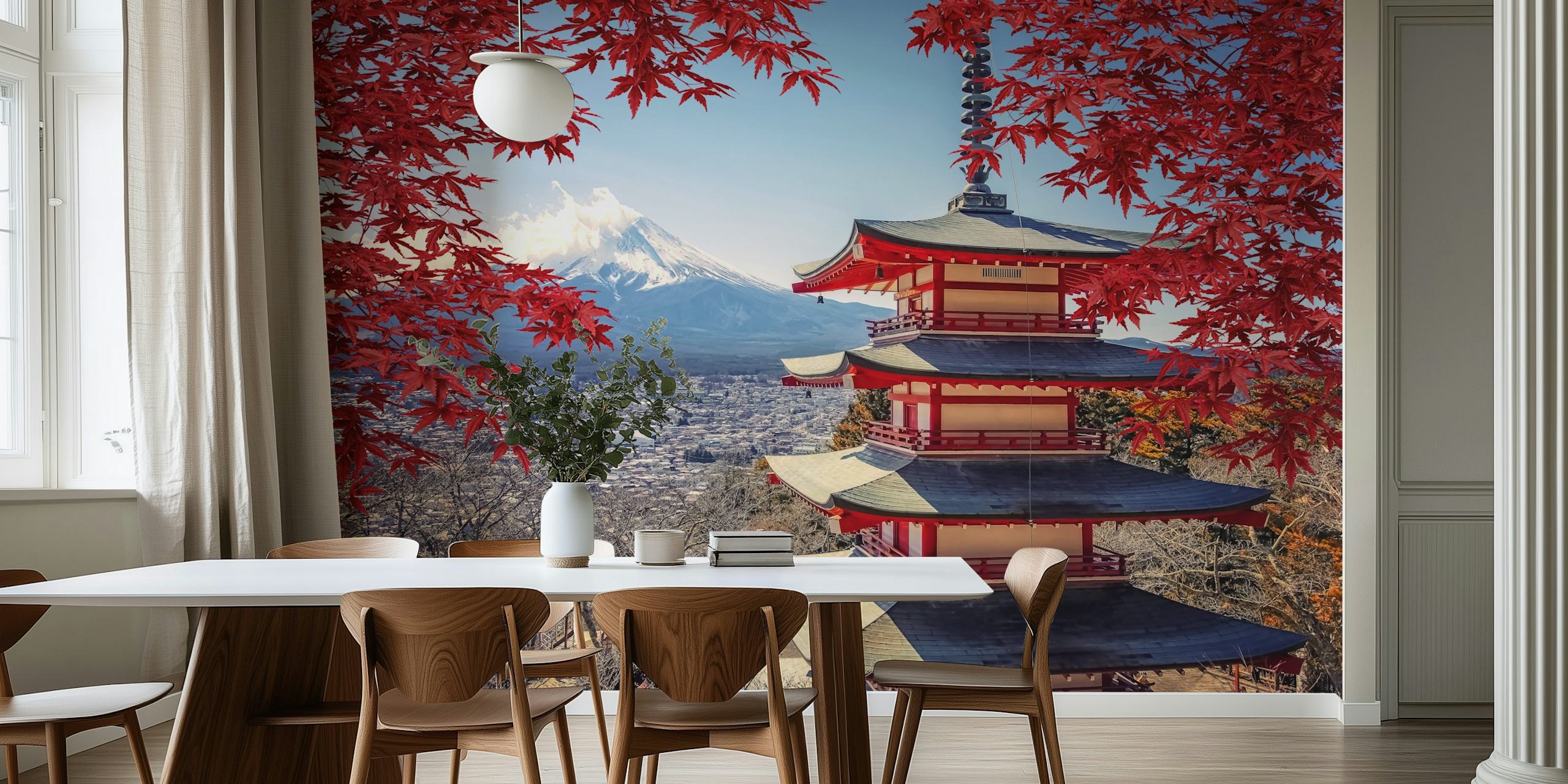 Japanese landscape featuring red maple leaves and Mt. Fuji wallpaper