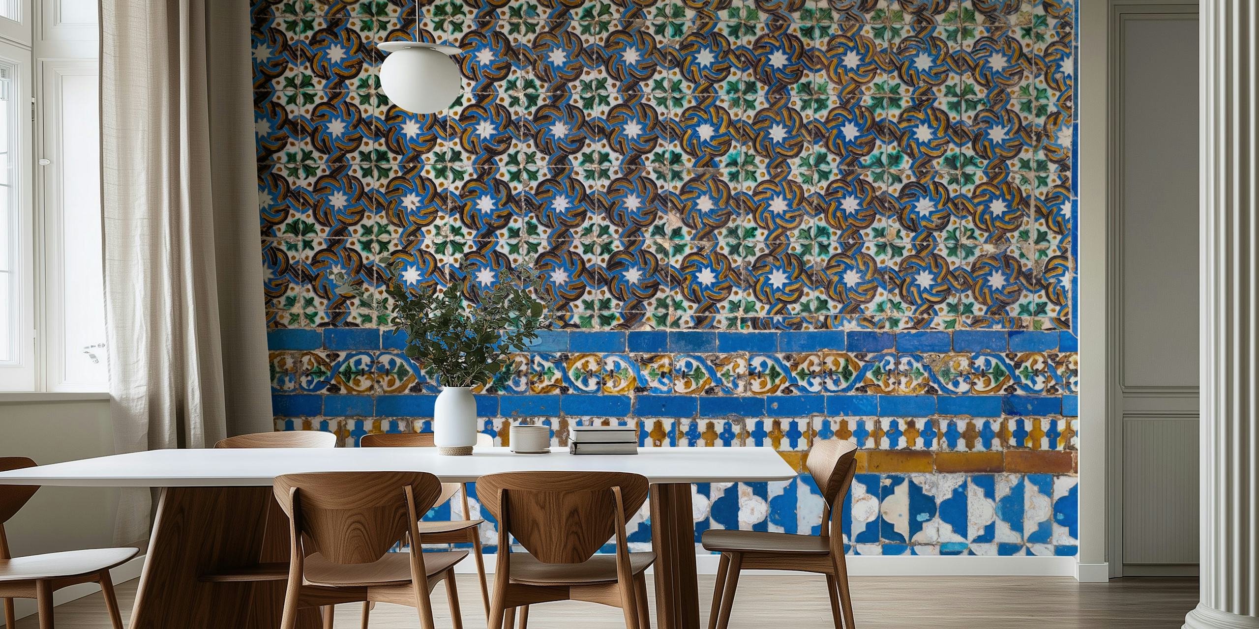 Colorful Spanish tile pattern in blue and green tones wallpaper