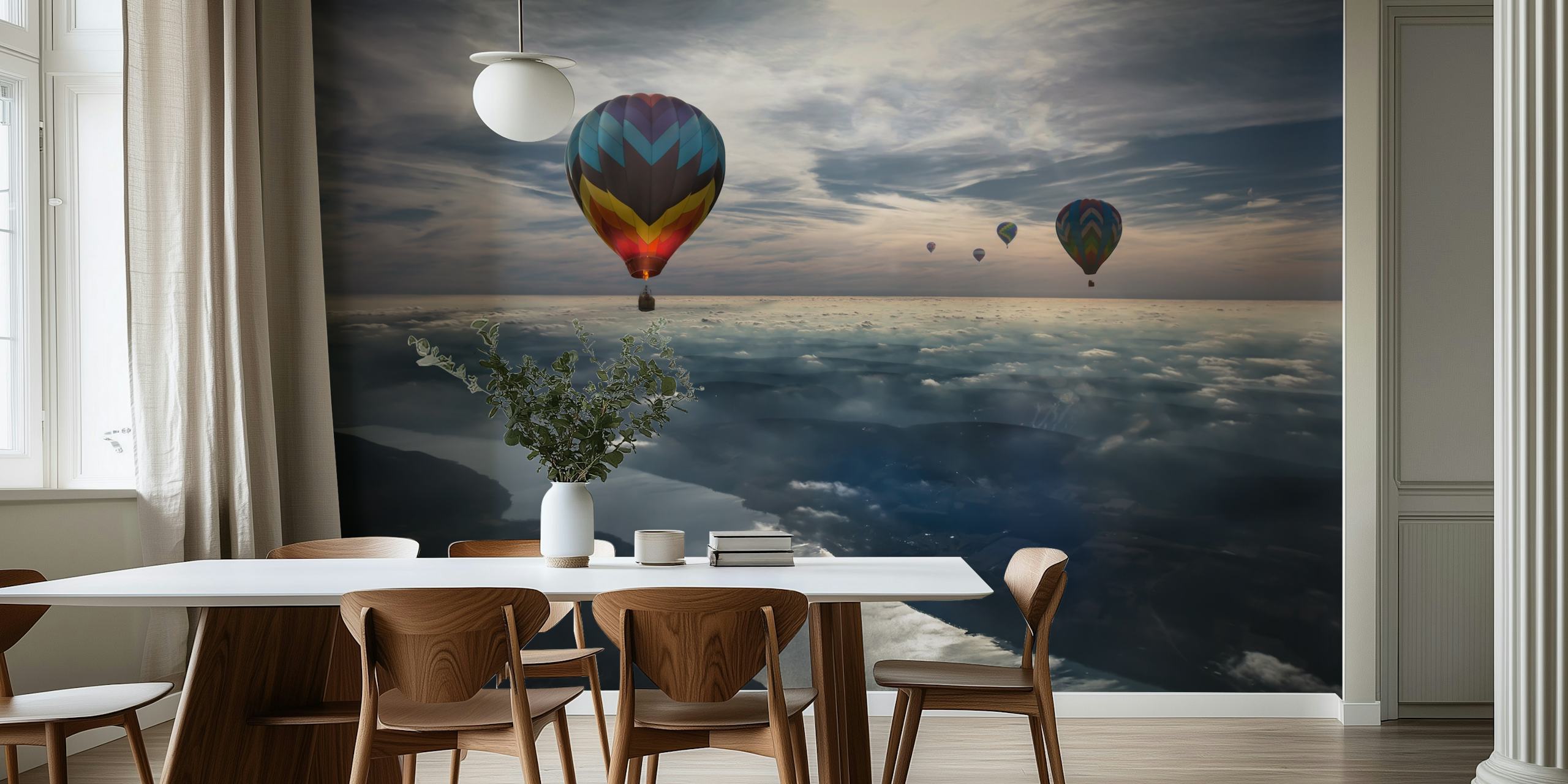 Colorful hot air balloons floating over clouds and river wallpaper