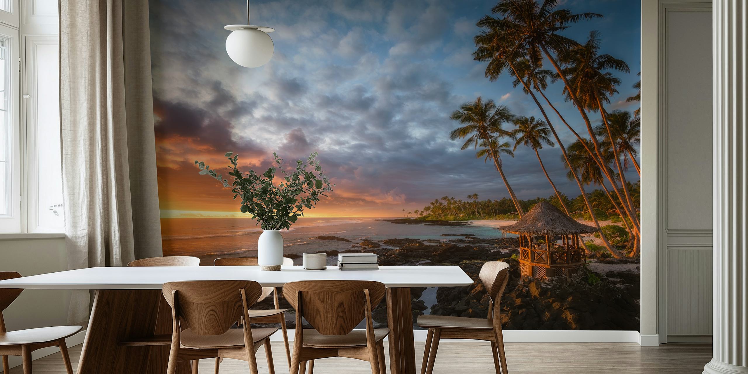 Tropische zonsondergang met palmbomen en tuinhuisje muurschildering
