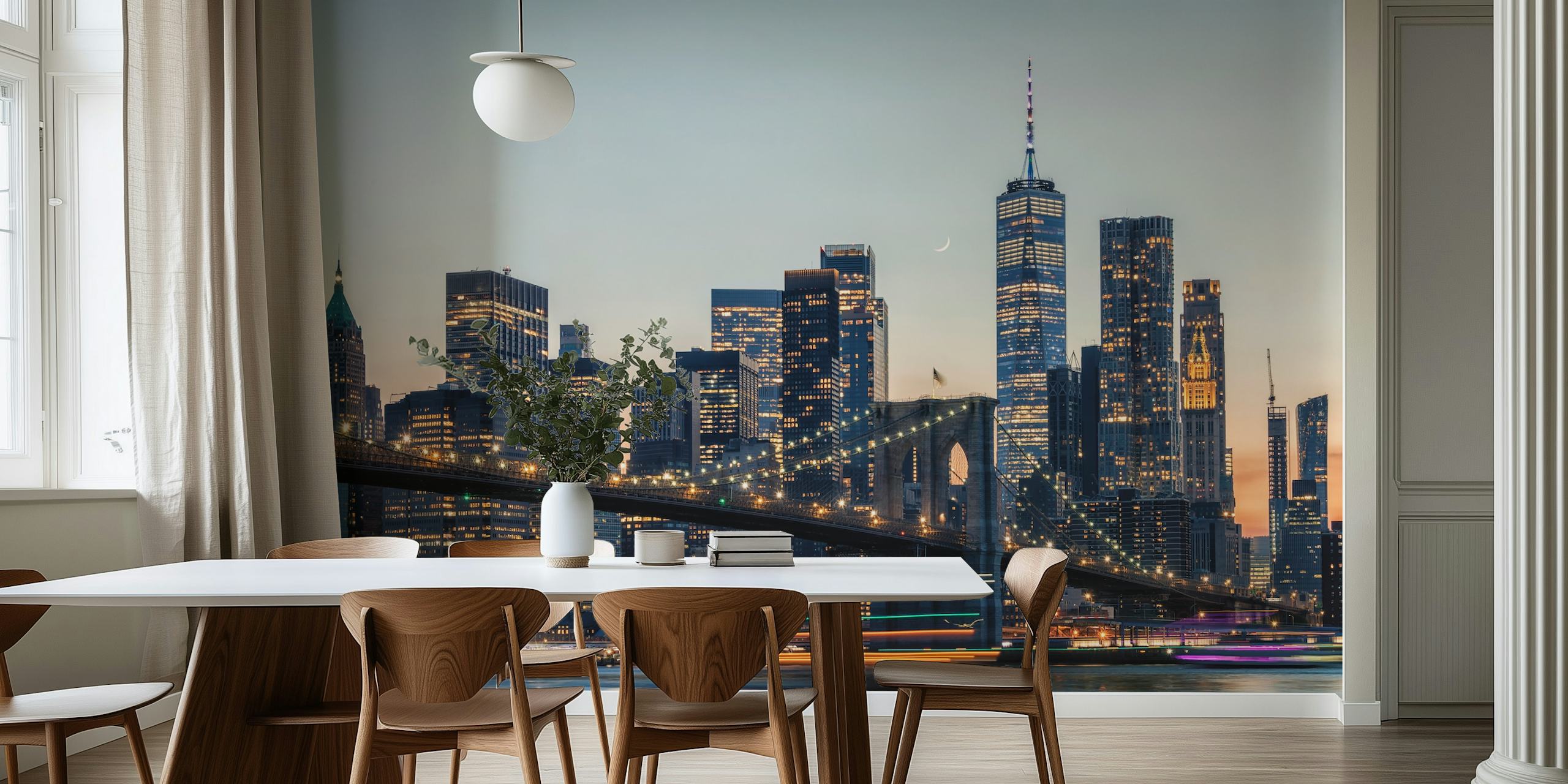 New Yorks skyline i tusmørket med skyskrabere oplyst mod skumringens vægmaleri