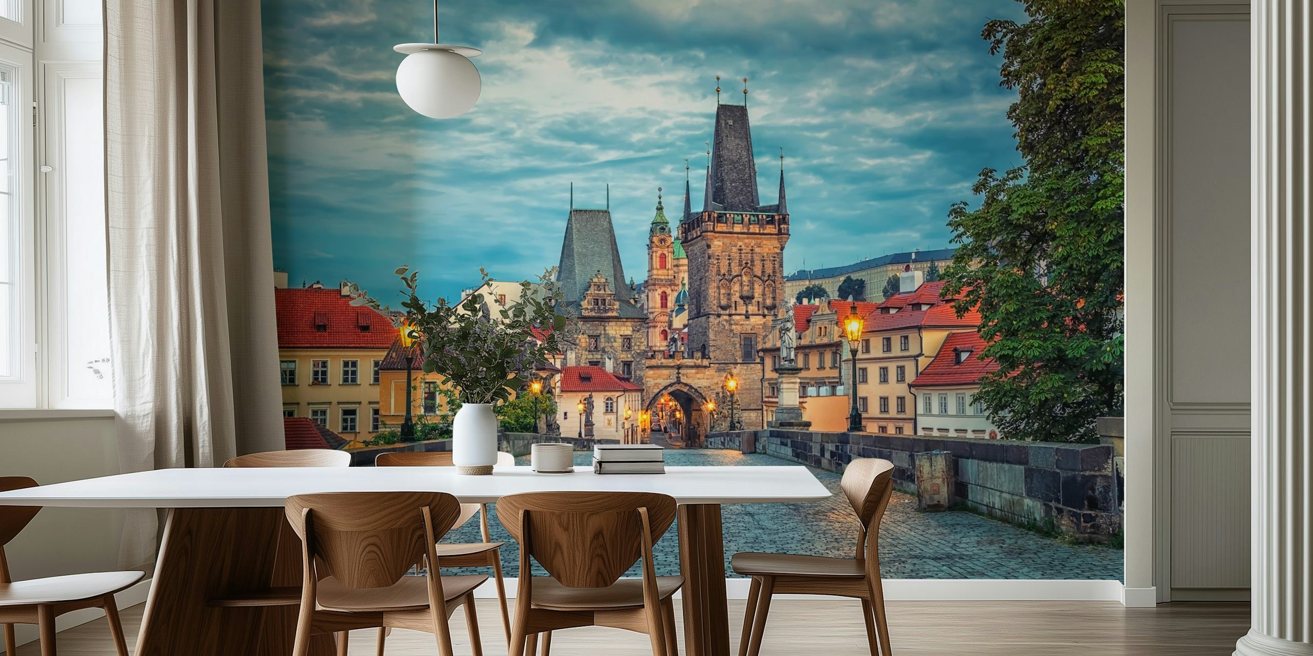 Charles Bridge wall mural depicting gothic architecture and twilight skies in Prague