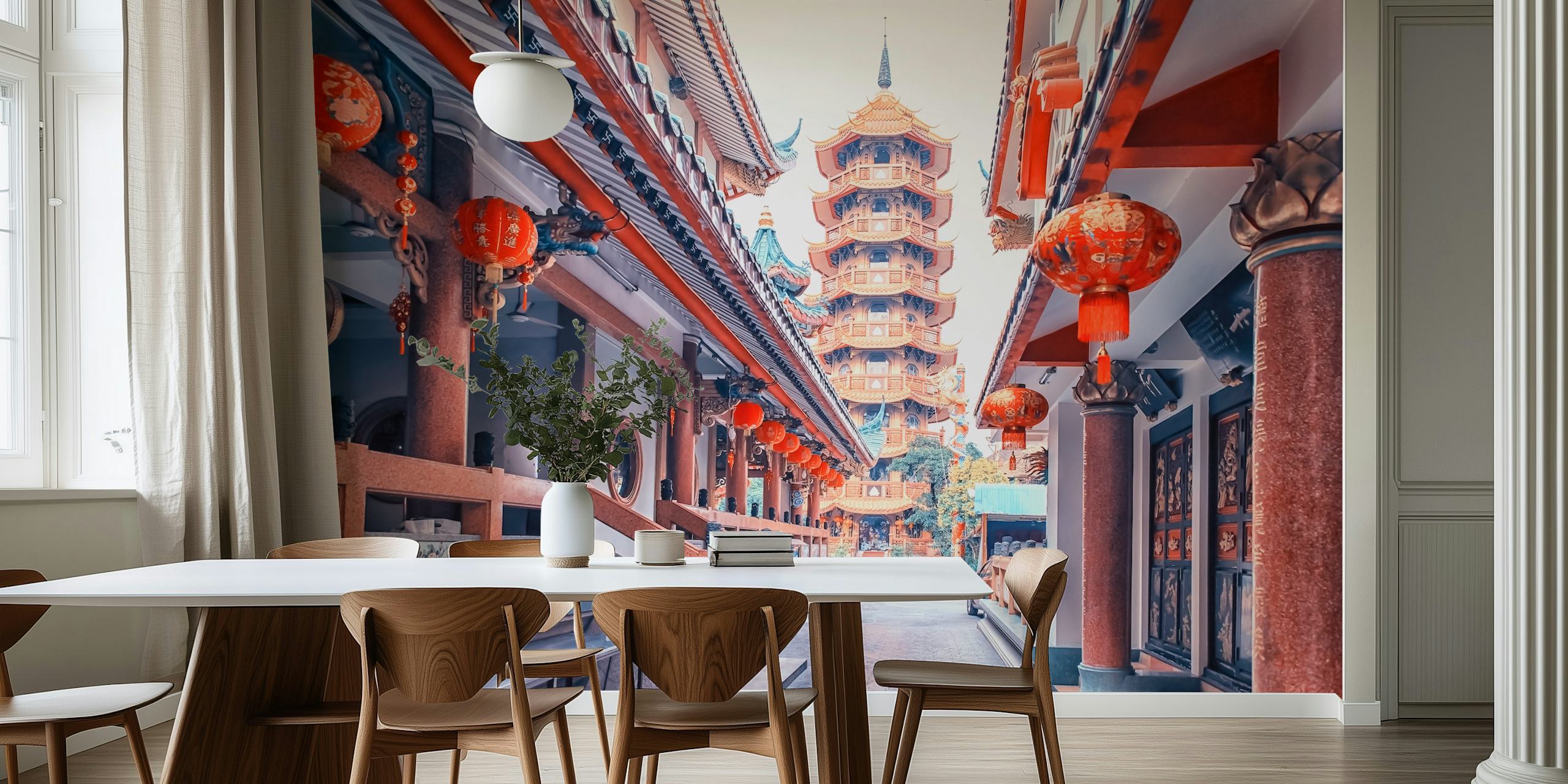 Traditional Chinese temple with colorful lanterns and architectural details wallpaper