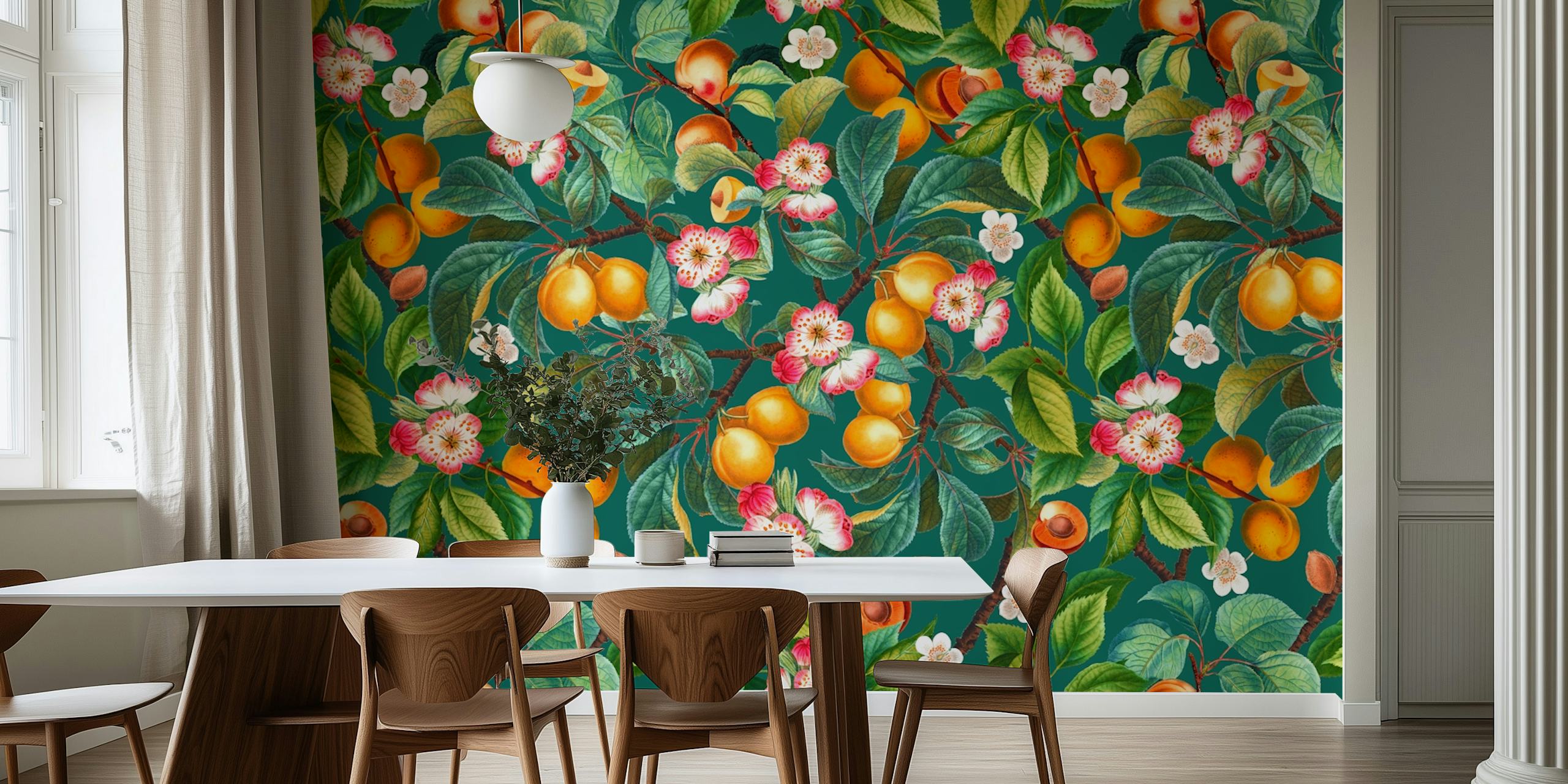 fotomural vinílico de parede com padrão exuberante de frutas e flores com laranjas e flores