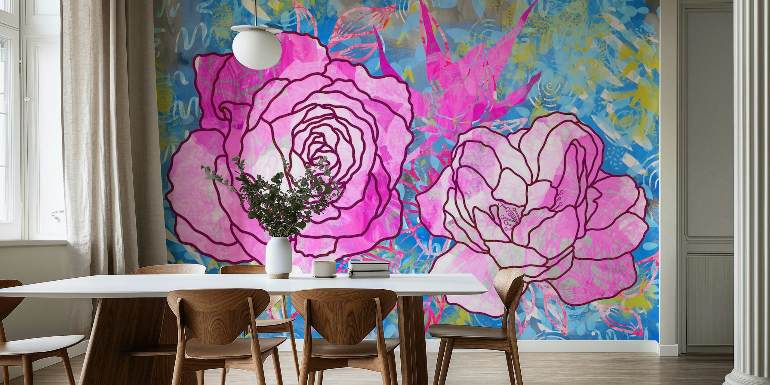 Magical pink roses wallpaper in a room