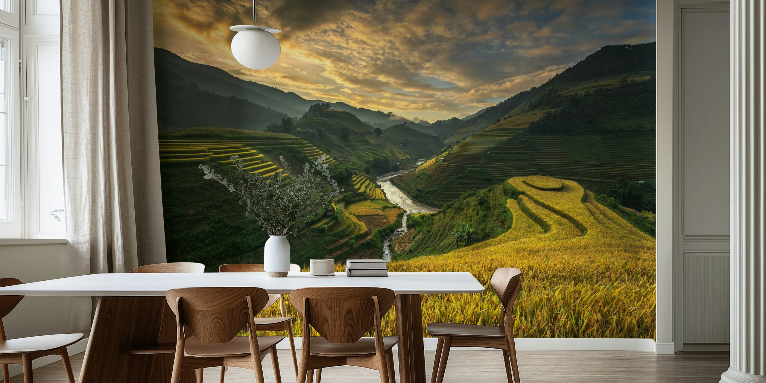Rice terrace landscape wallpaper with golden fields and green hills