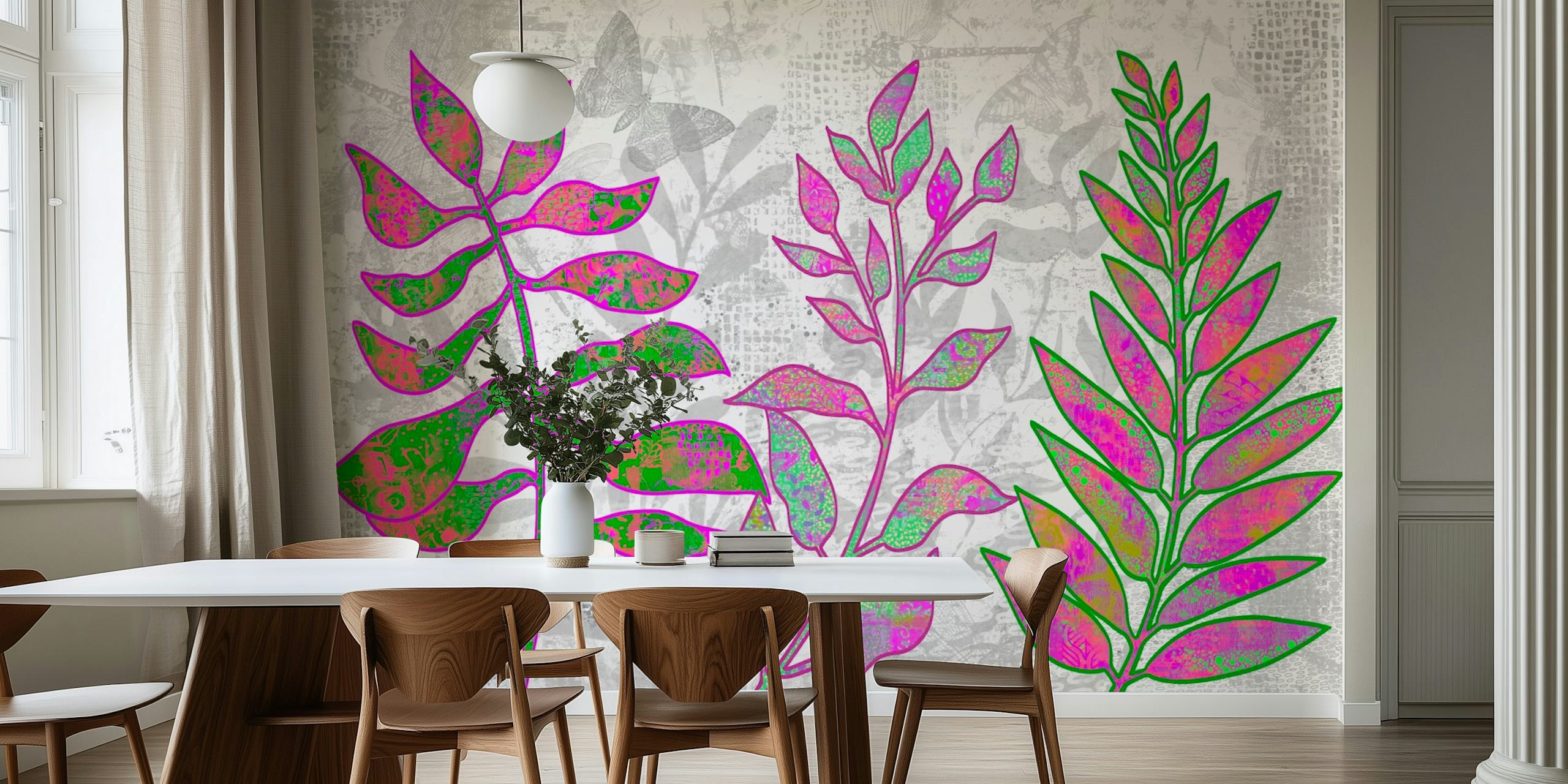 Stylized leaves with vibrant colors on a textured background wall mural
