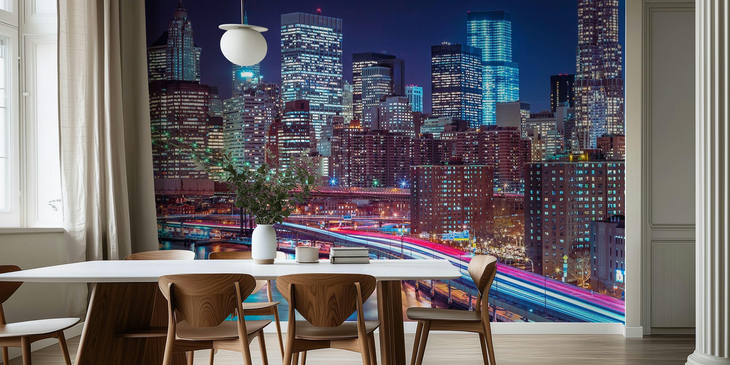 Urban city skyline at night with bright lights and reflections wallpaper