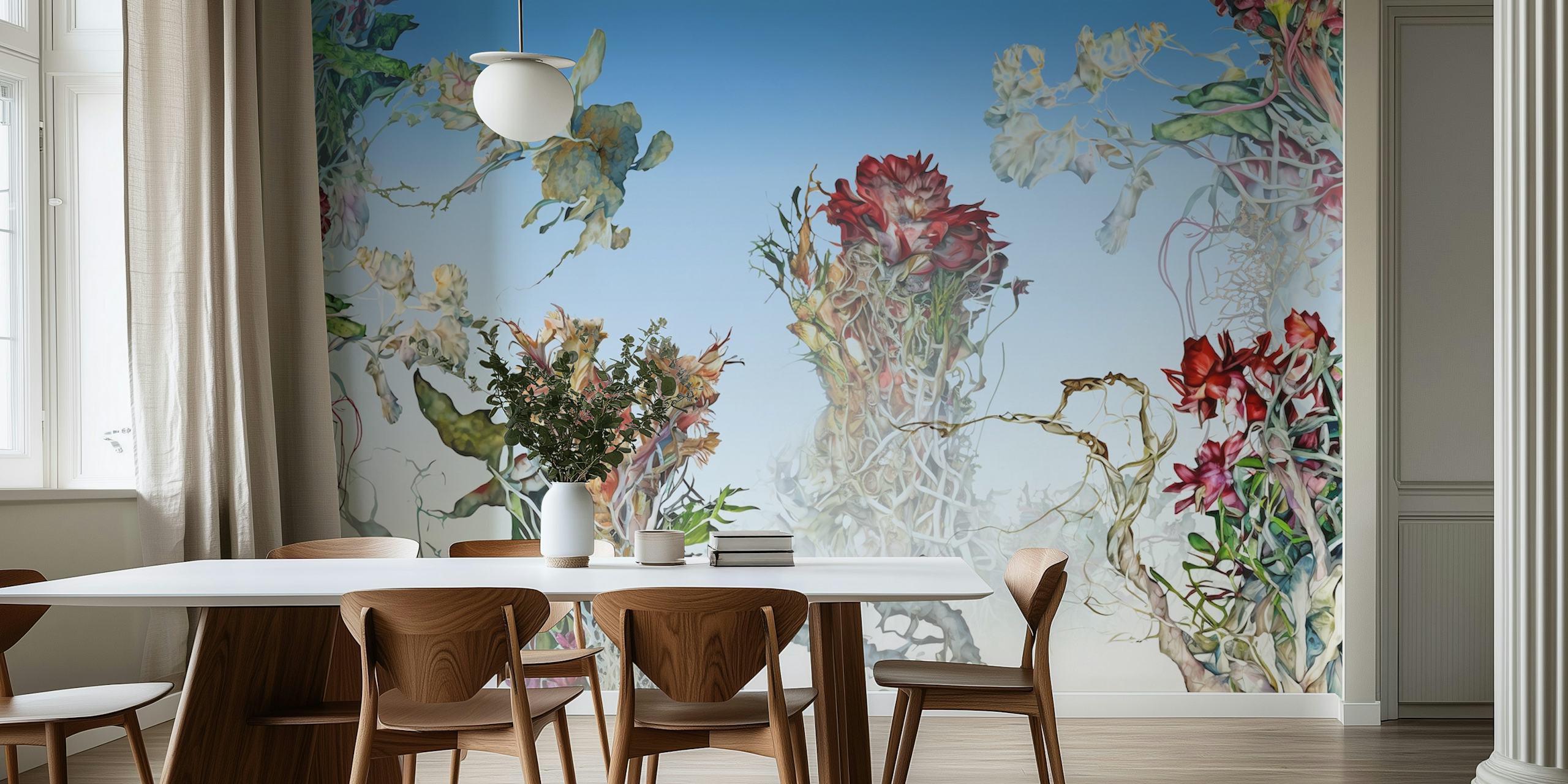 Colorful flowering botanical roots against a blue background wallpaper