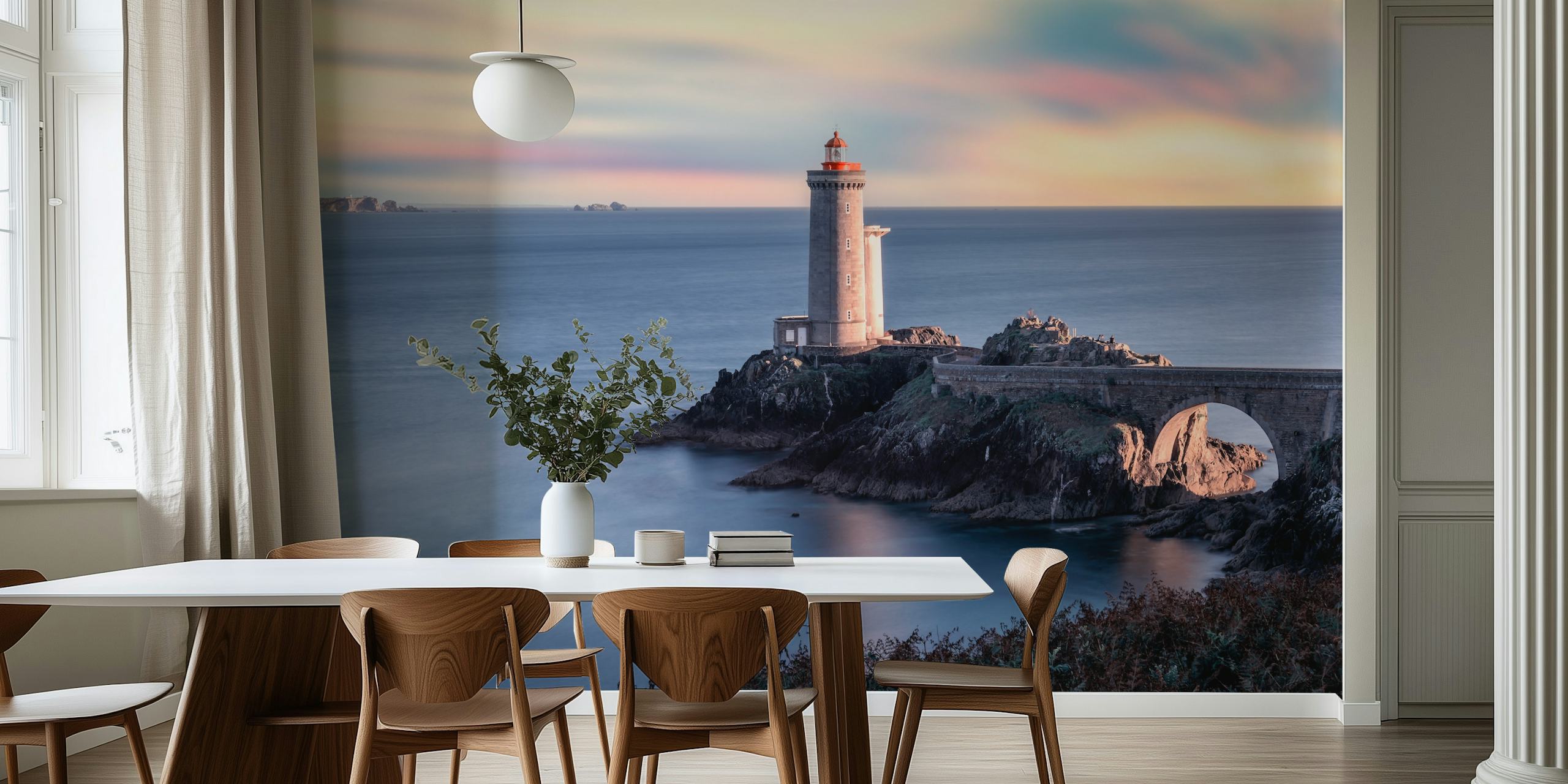 Coastal lighthouse on rocky cliff with blue sky wallpaper