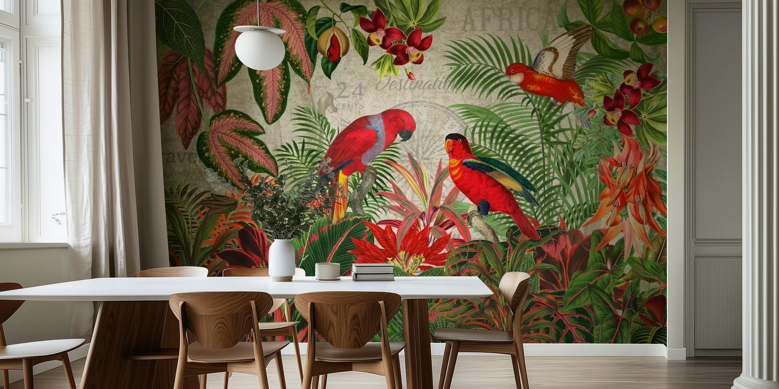 Vintage rainforest wallpaper with red parrots