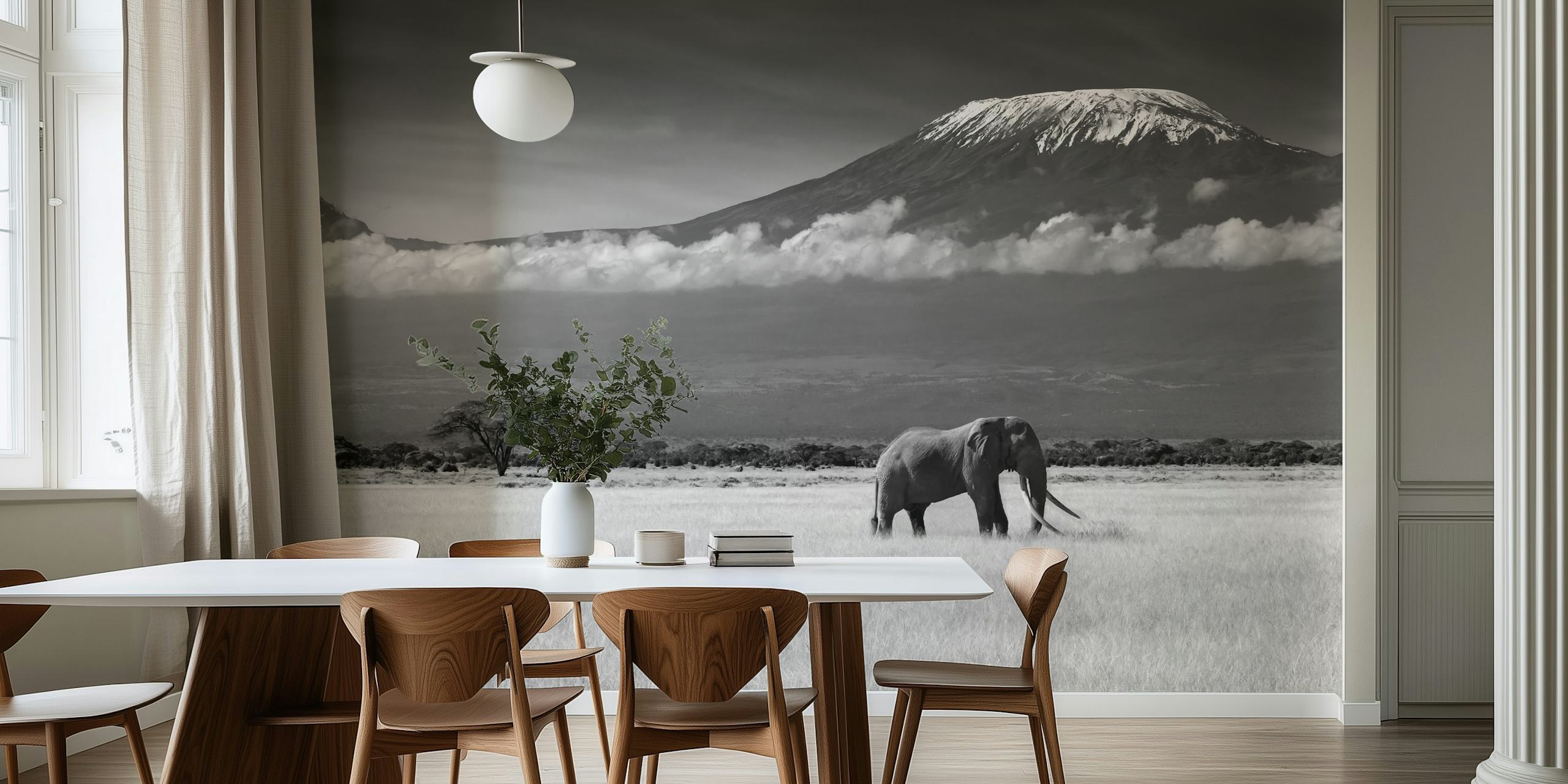 Black and white elephant in a savannah landscape wallpaper