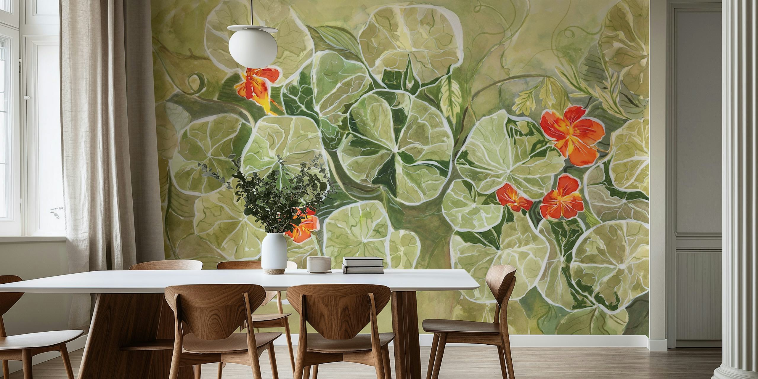 Nasturtium floral wallpaper with vibrant green leaves and orange flowers