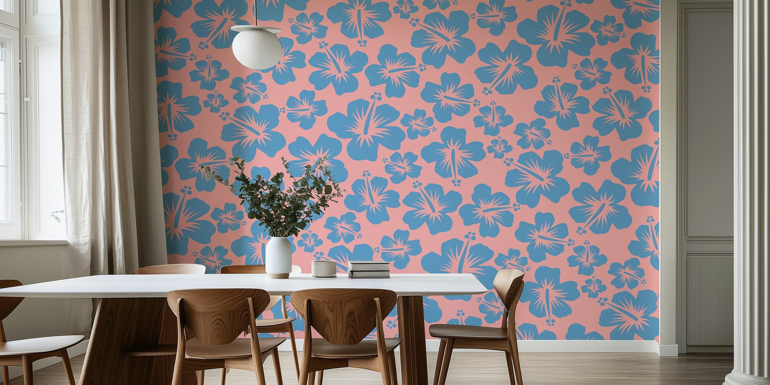 Blue and Pink Garden blomster tapetdesign