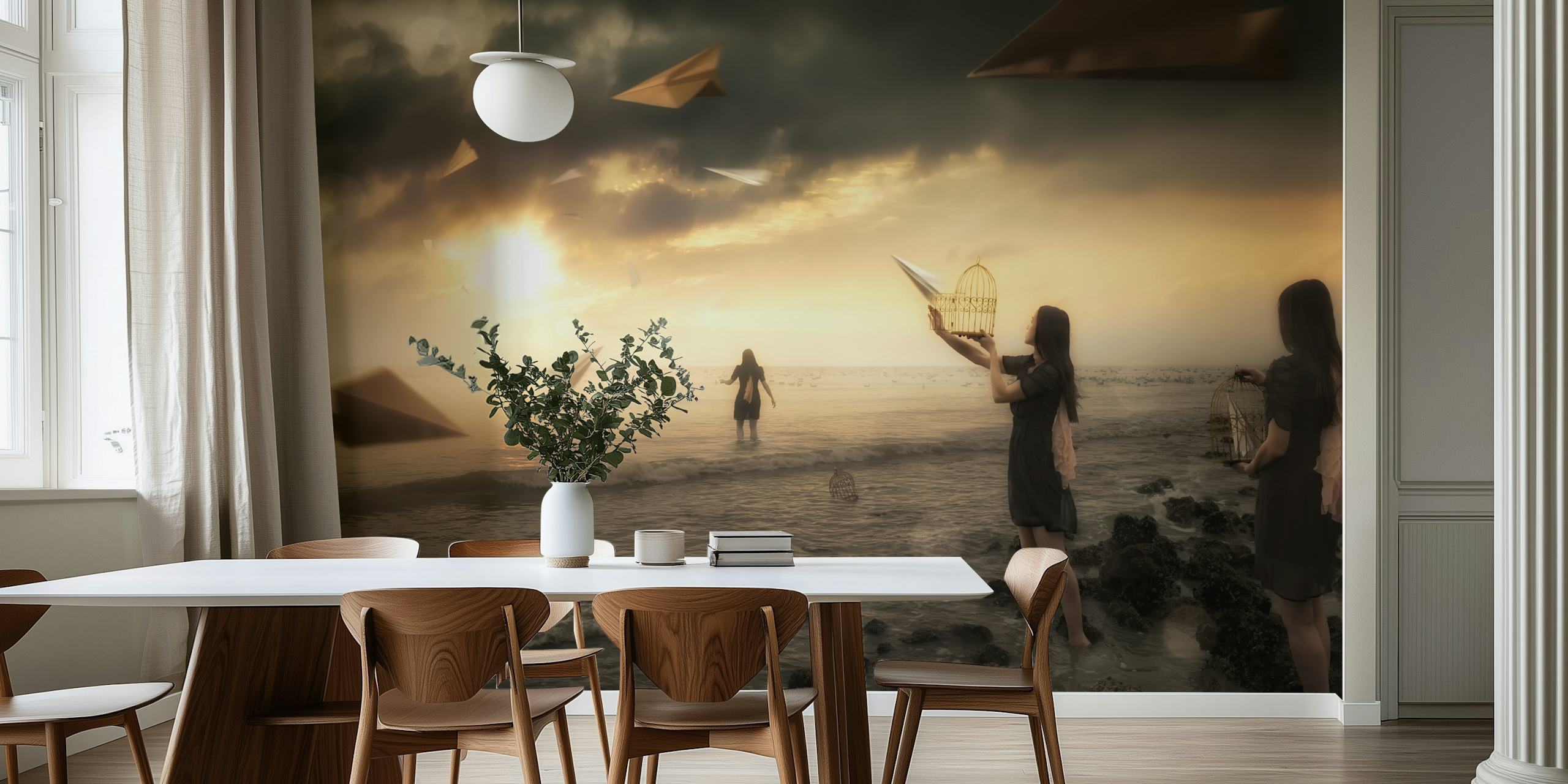 Wallpaper design with paper airplanes at sunset