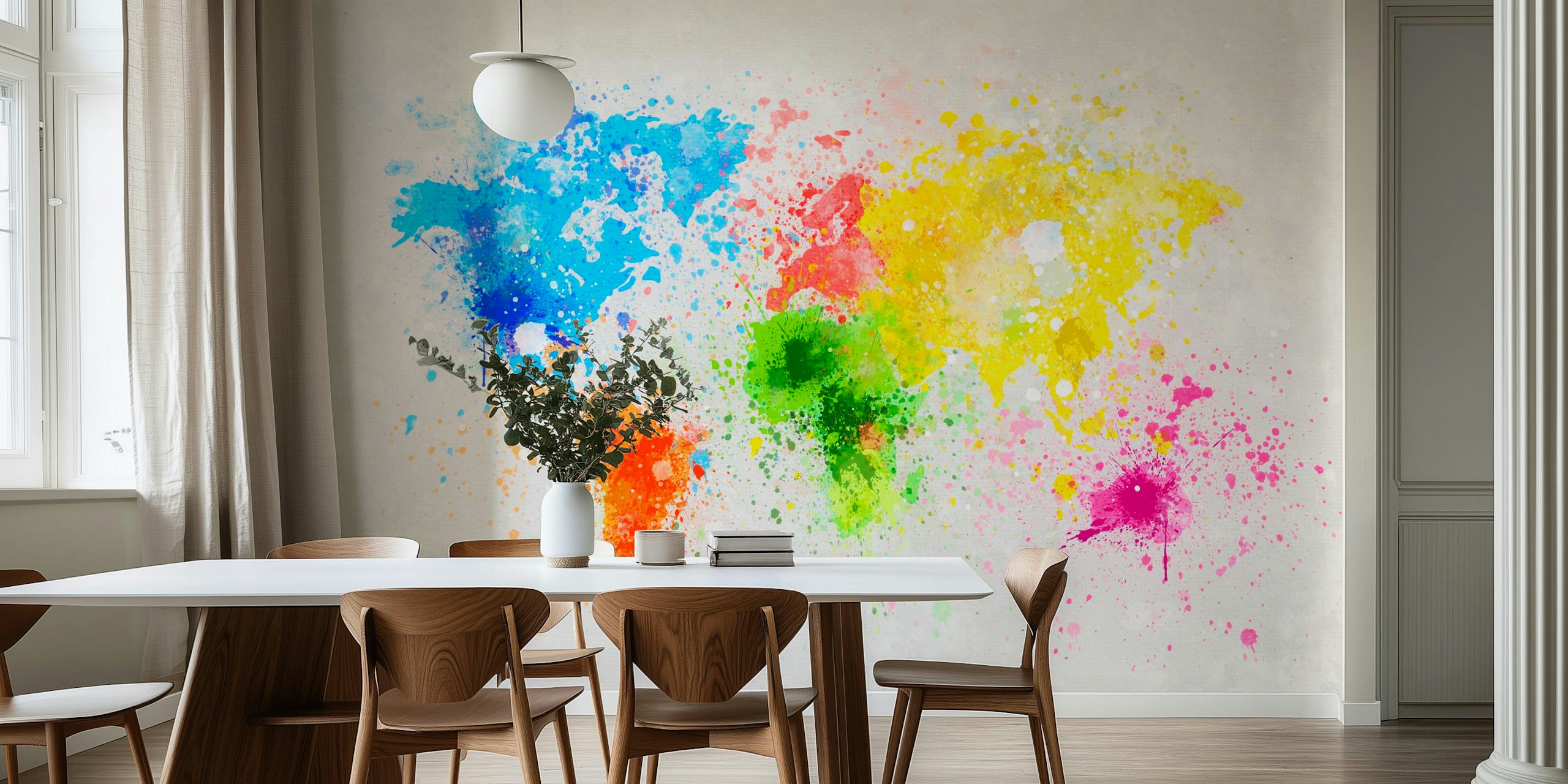 Colorful world map wall mural with splashes of paint