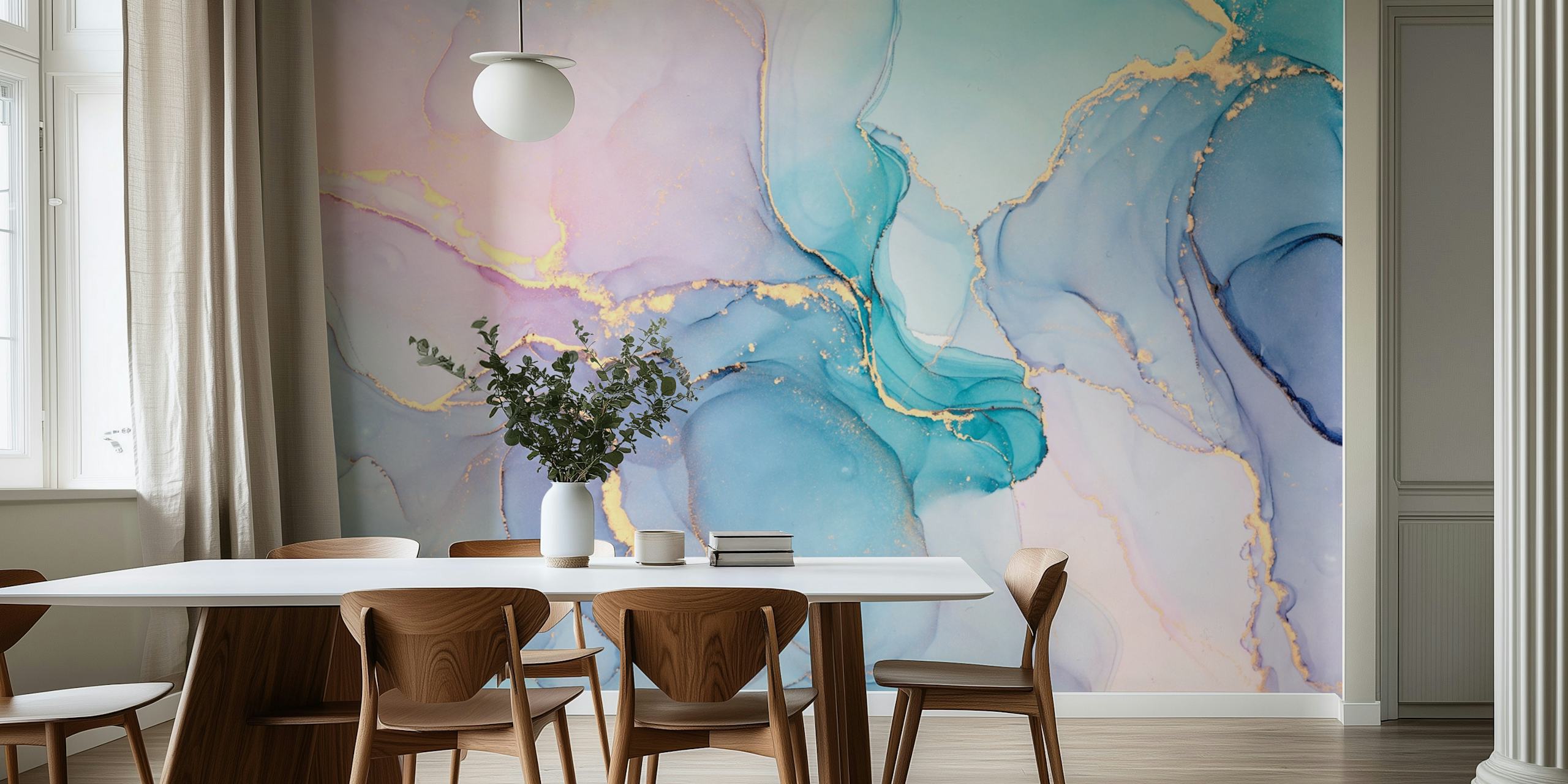 Blue and pink fluid abstract design with gold accents wallpaper