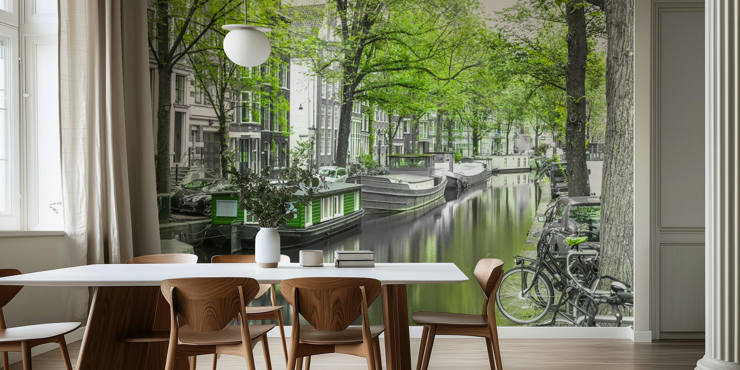 Green and black canal view with boats and trees wallpaper