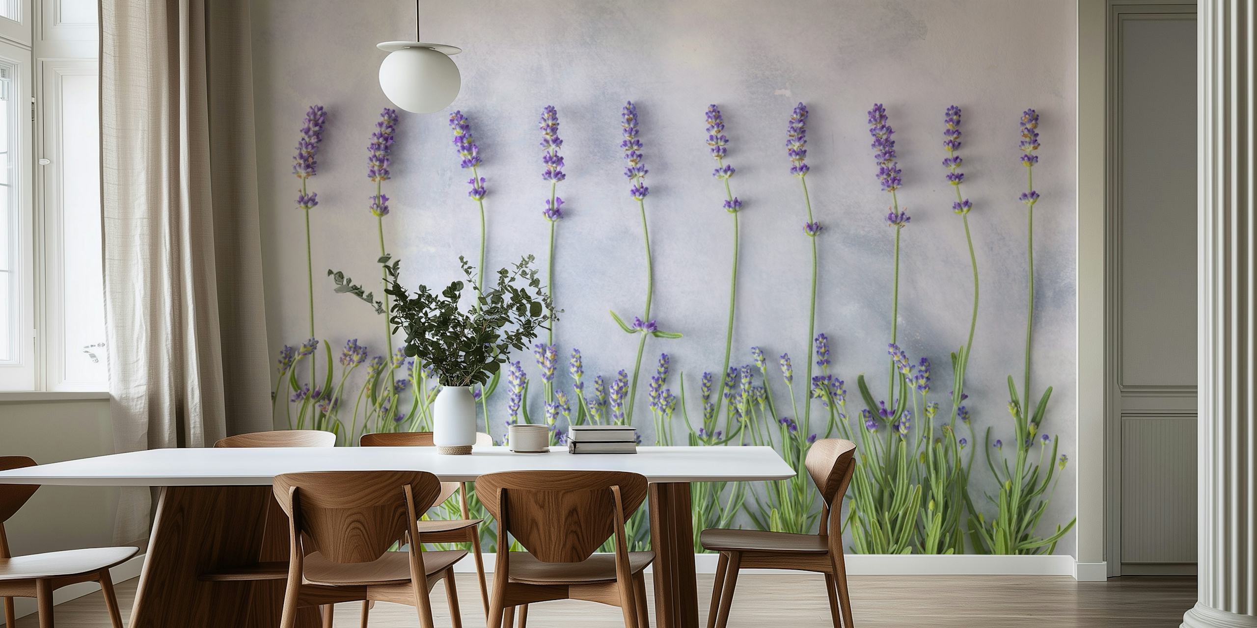 Row of lavender flowers on a soft gray background wallpaper