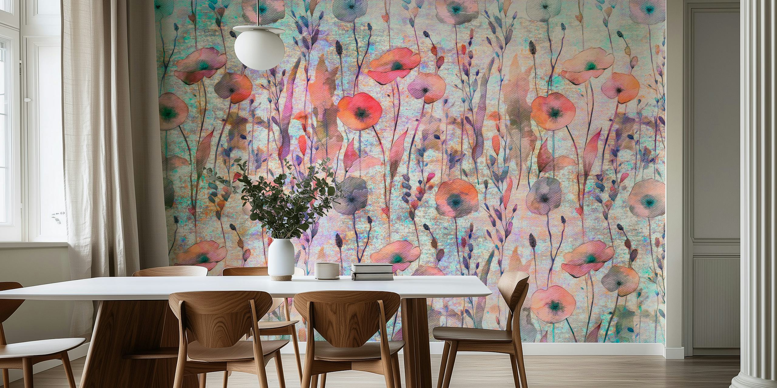 Papier peint Poppy Spring Meadow avec des couleurs pastel douces et des fleurs de pavot vibrantes évoquant une atmosphère sereine de prairie