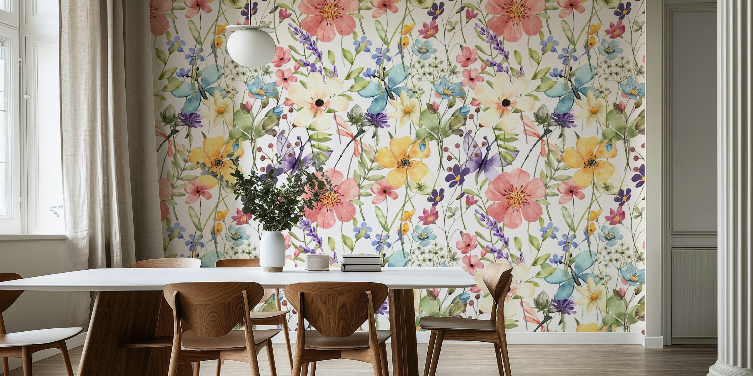Wild watercolor flower wallpaper σε ένα δωμάτιο