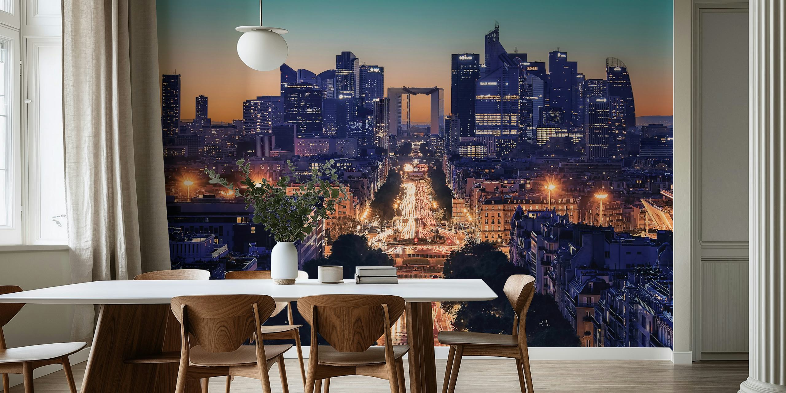 Cityscape at sunset with buildings and street lights wallpaper