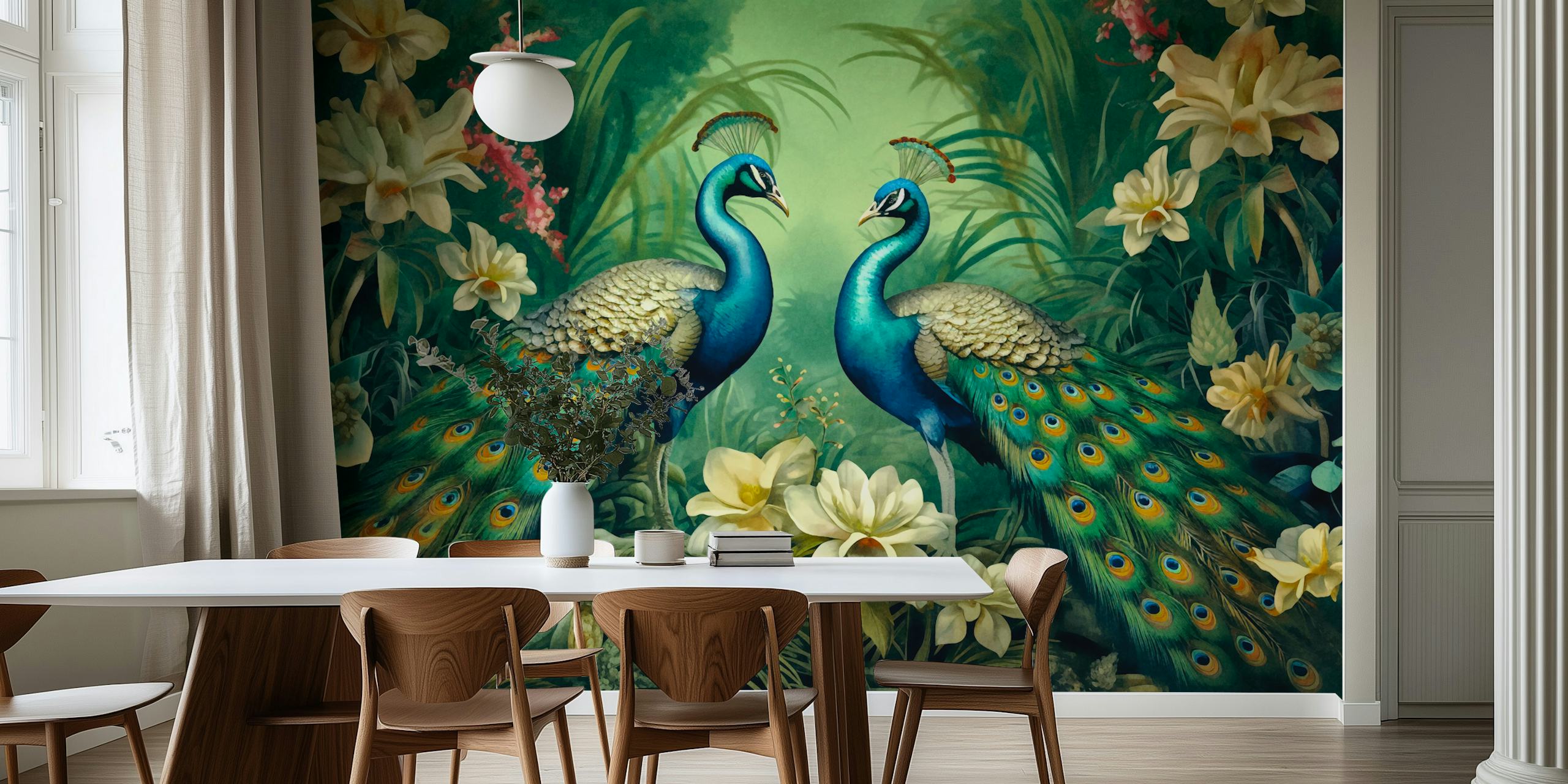 Peacocks Mystic Green Jungle Garden tapet i et rum