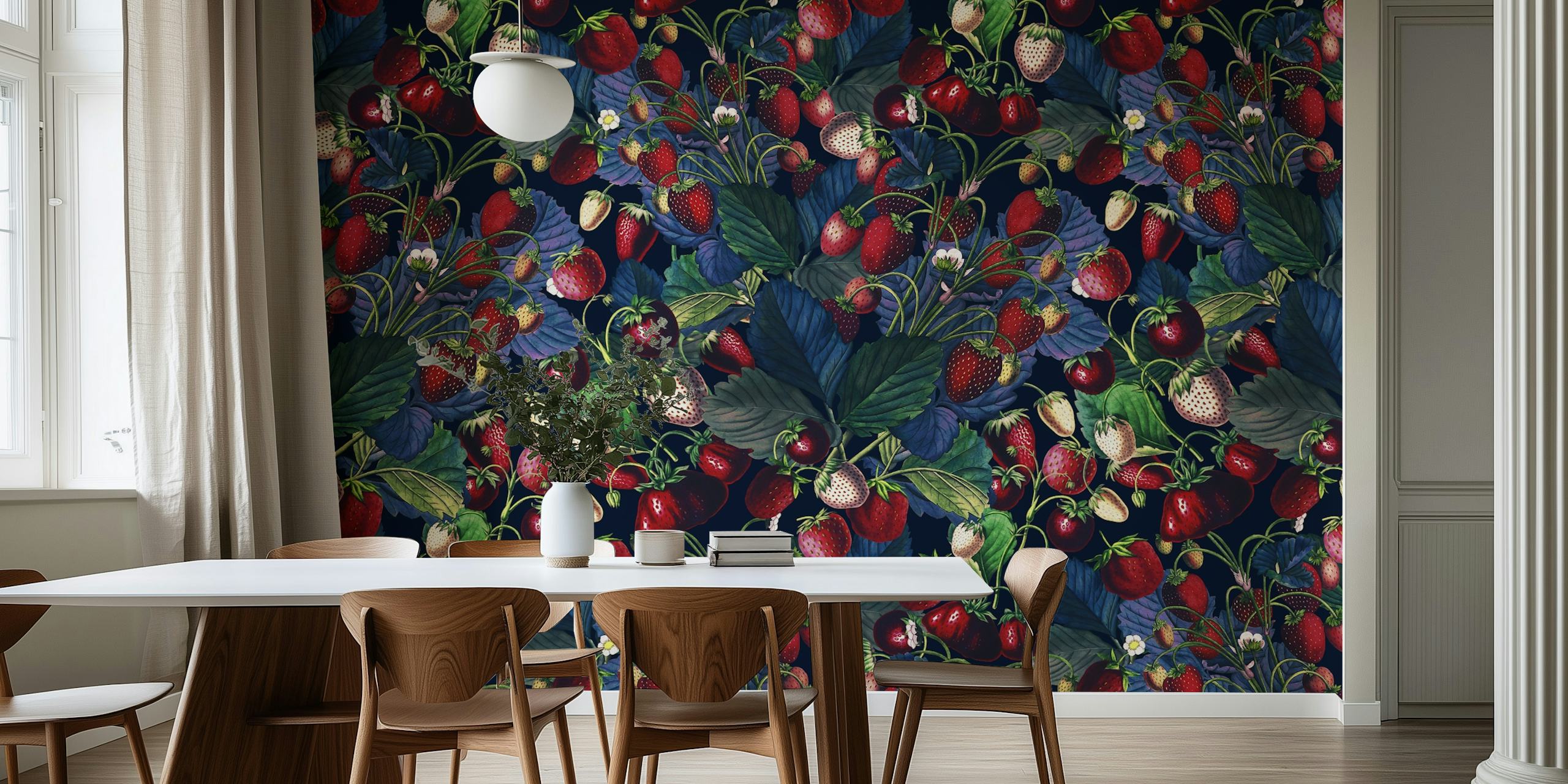 Strawberry and green leaf pattern wallpaper on dark background